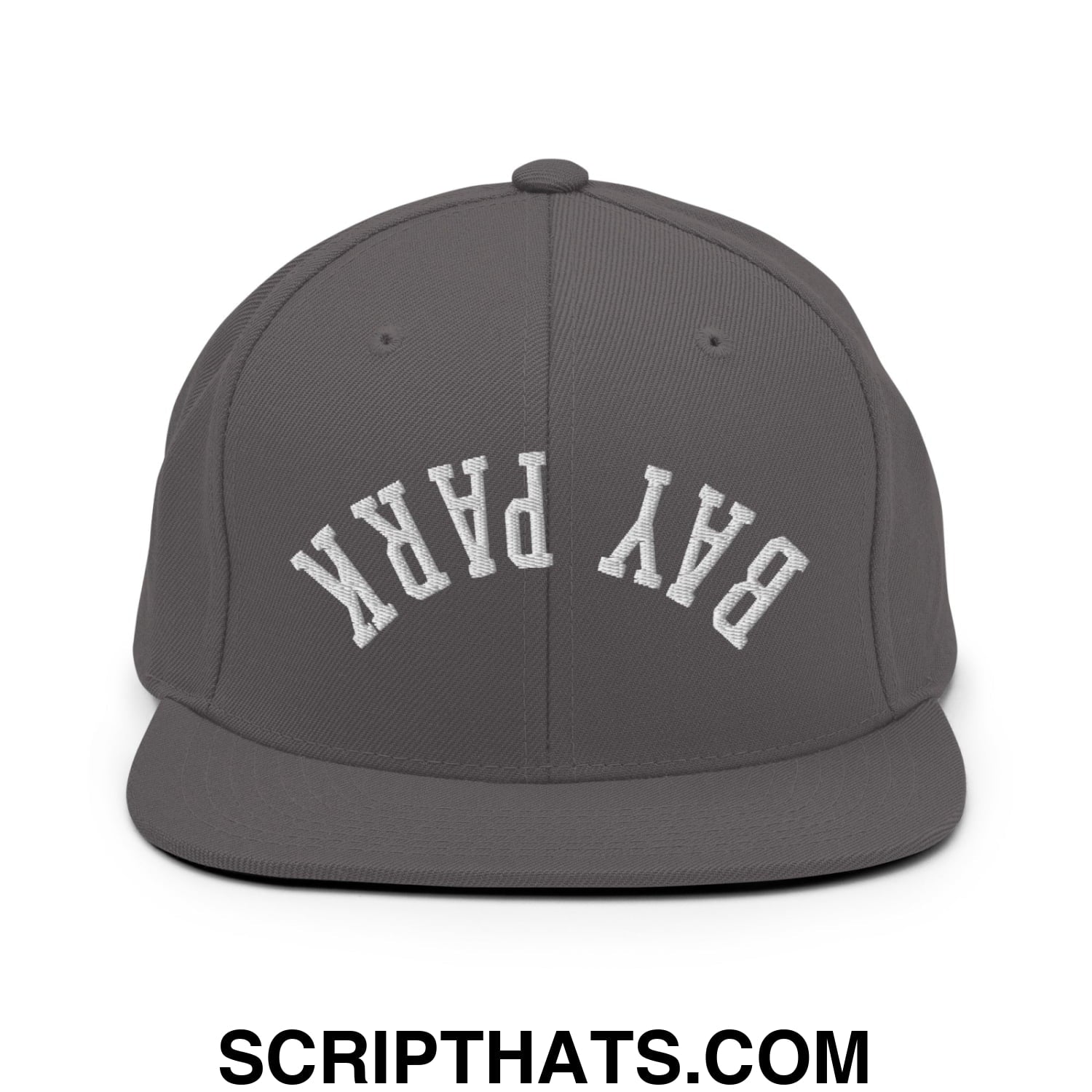 Gray snapback cap with white embroidered bay park lettering in an arched design and flat bill brim