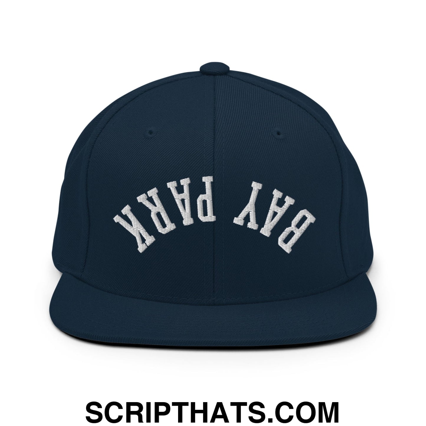 Navy blue snapback hat with white arched bay park embroidery and flat bill brim for casual wear