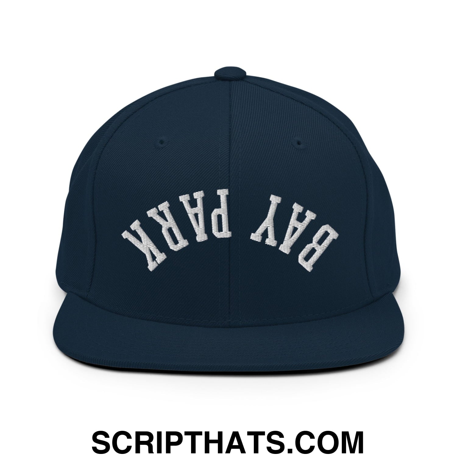 Navy blue snapback hat with white arched bay park embroidery and flat bill brim for casual wear