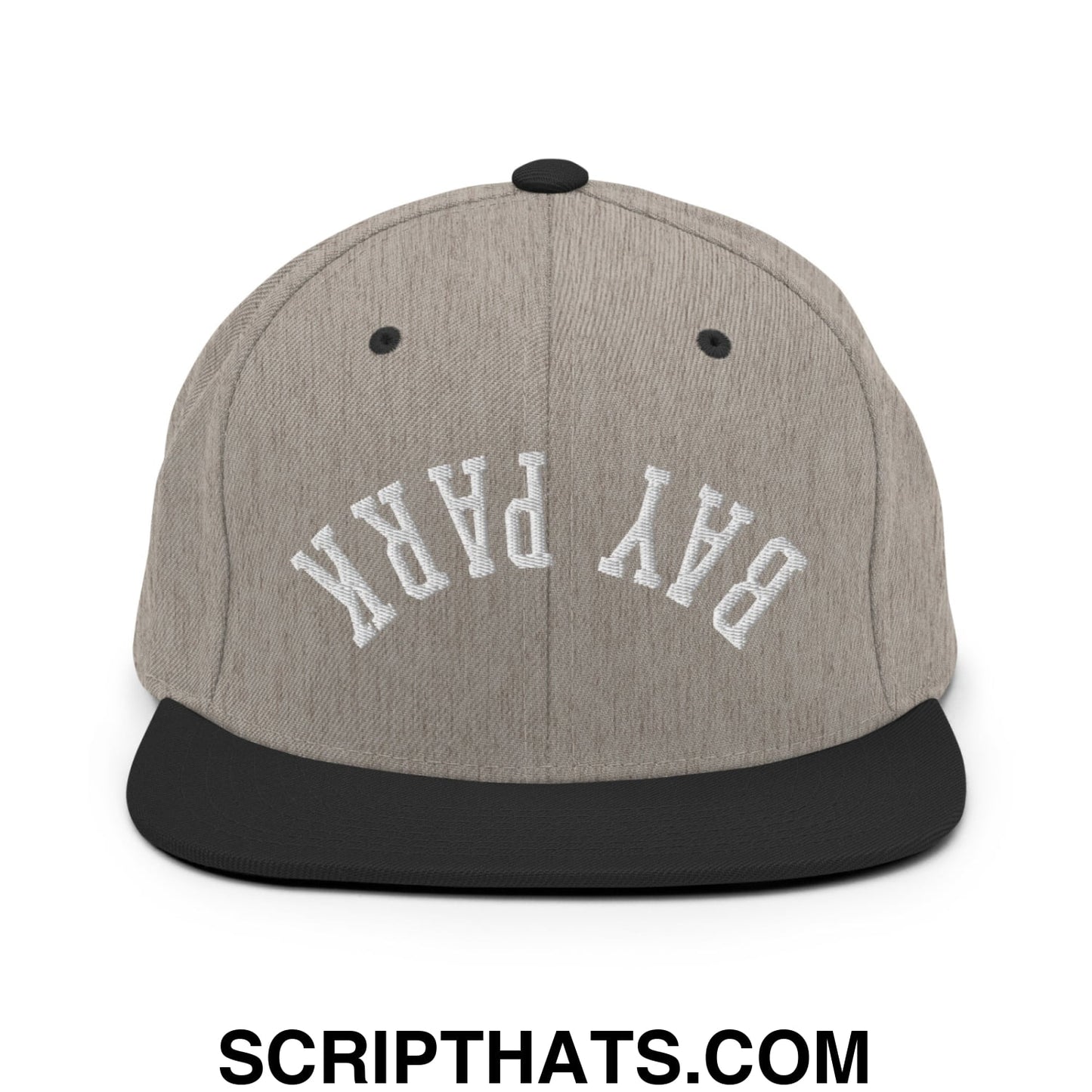 Gray and black snapback hat with white embroidered bay park lettering and flat bill brim in upside down design