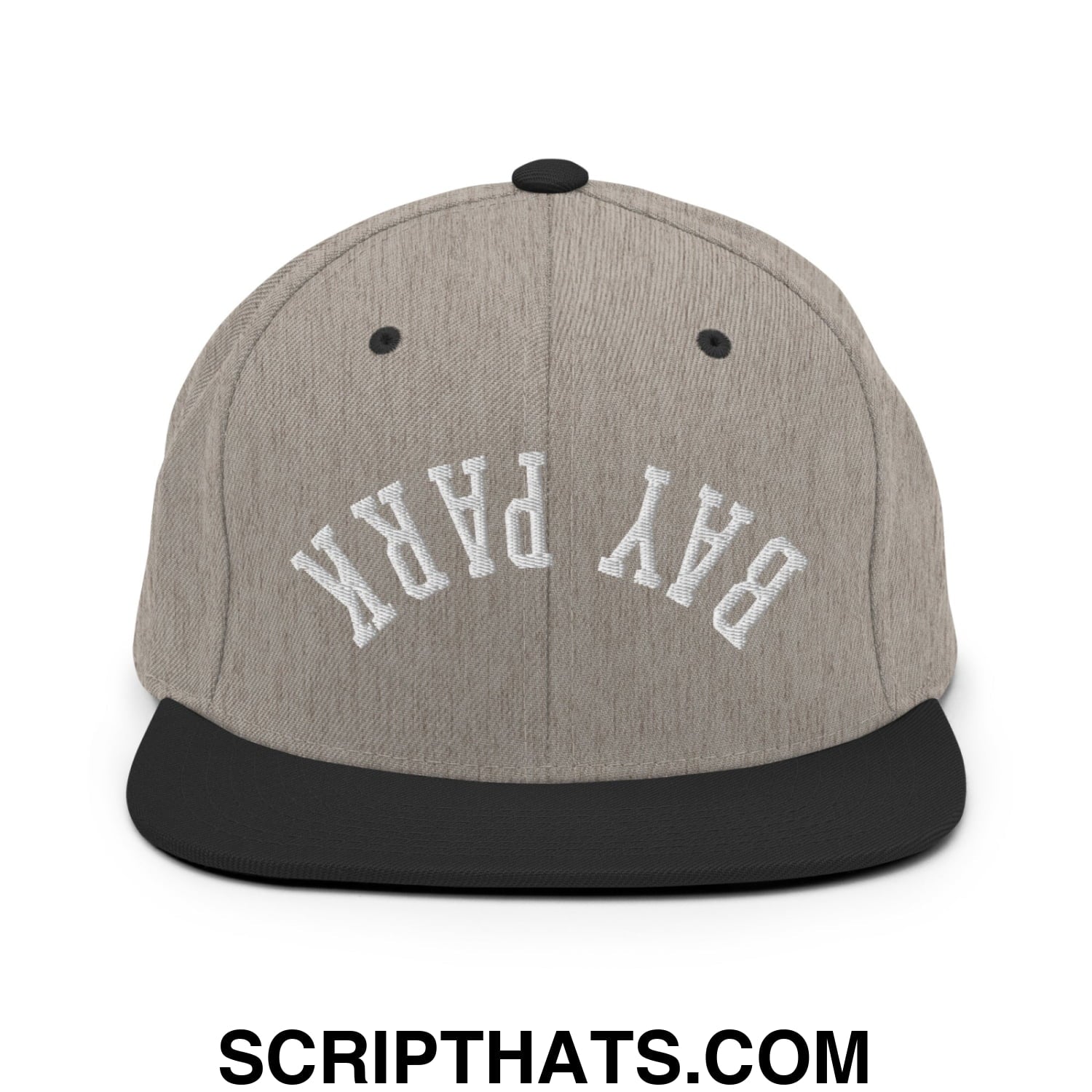 Gray and black snapback hat with white embroidered bay park lettering and flat bill brim in upside down design