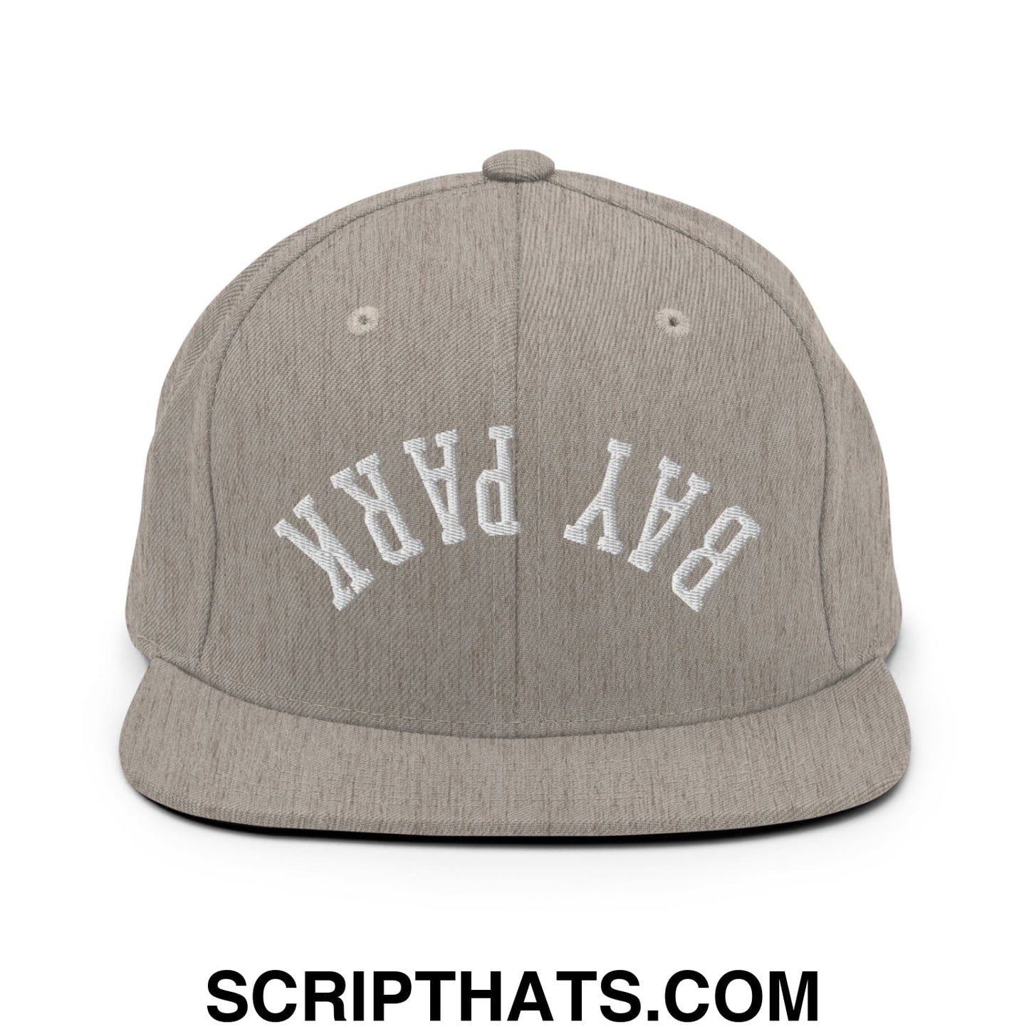 Gray heather snapback cap with white embroidered bay park lettering and flat bill brim in an upside down design