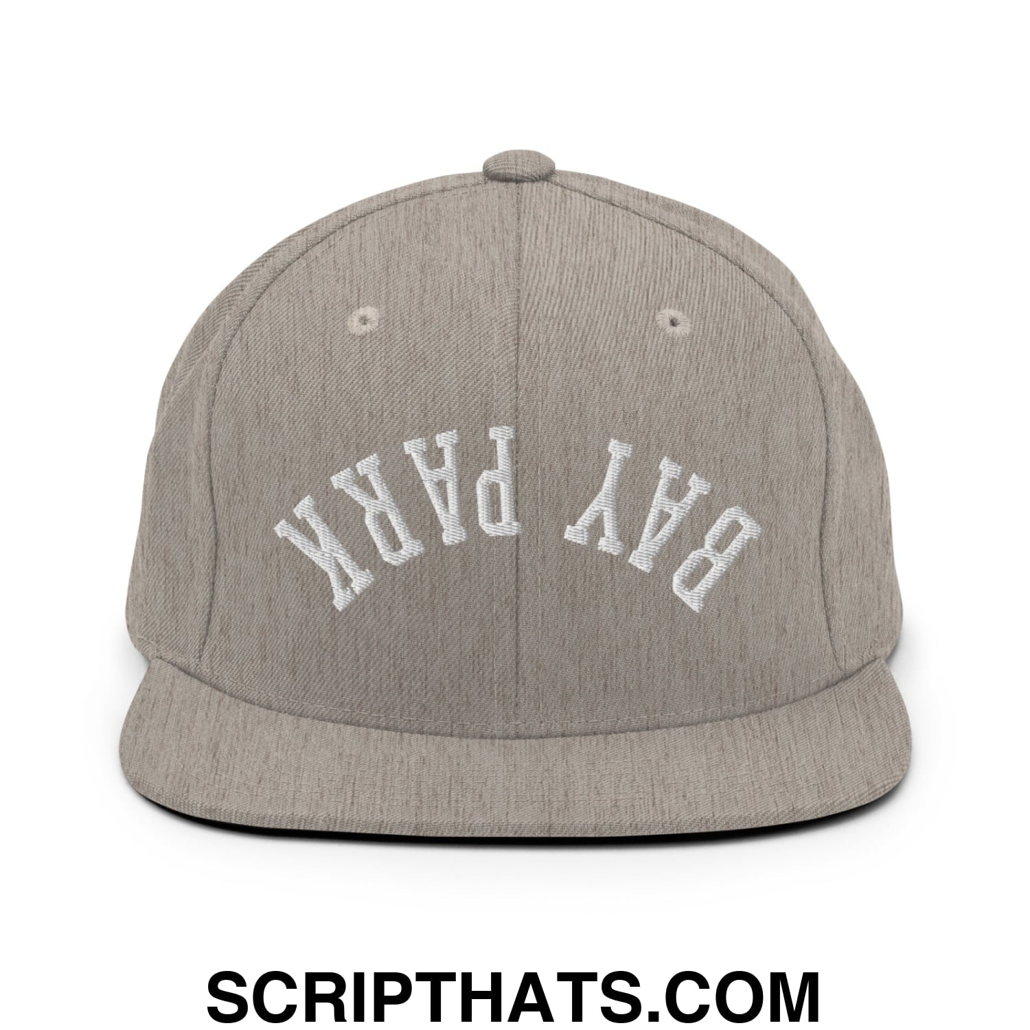 Gray heather snapback cap with white embroidered bay park lettering and flat bill brim in an upside down design