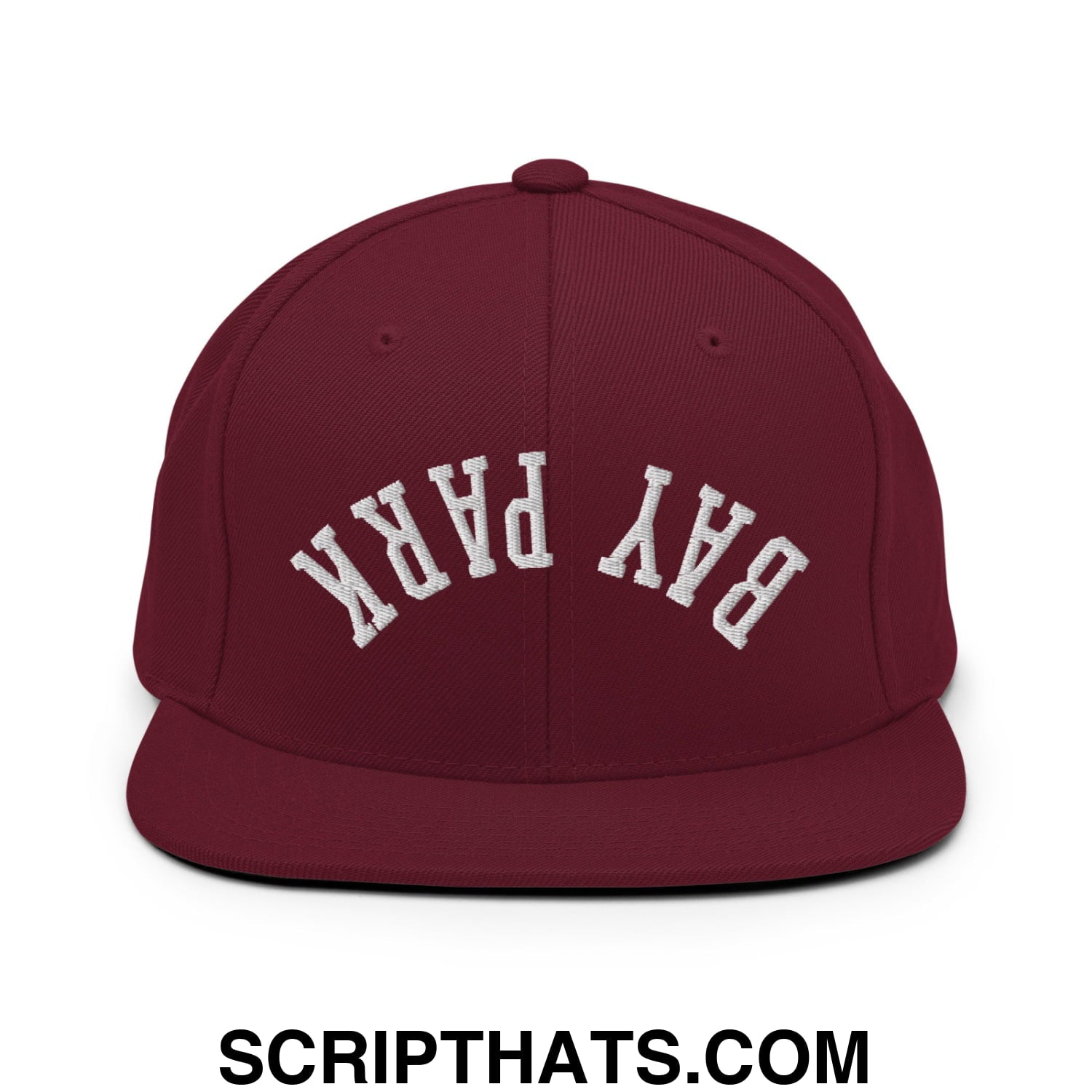 Maroon flat bill snapback hat with white embroidered bay park lettering in a classic arched design