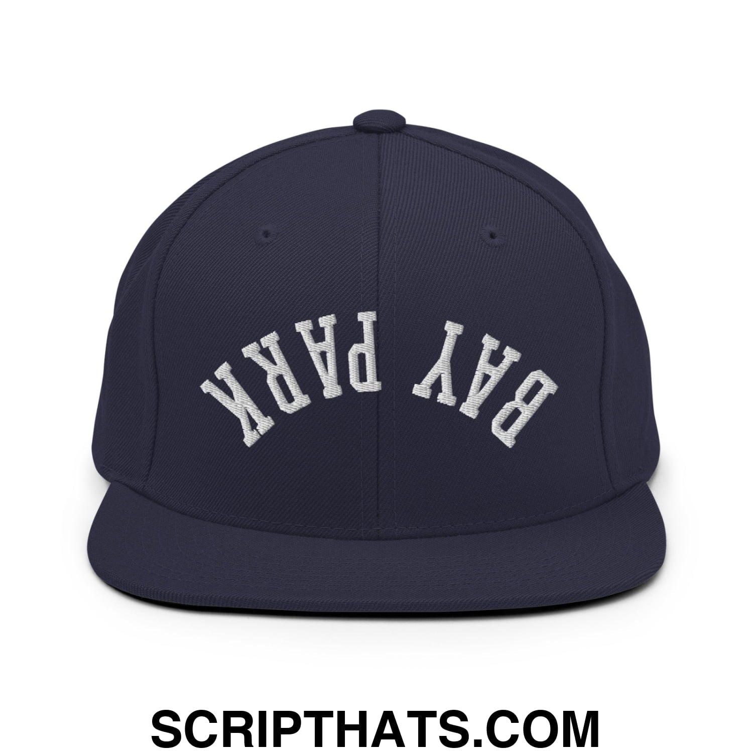 Navy blue snapback hat with white embroidered bay park lettering in a classic arched design and flat bill brim