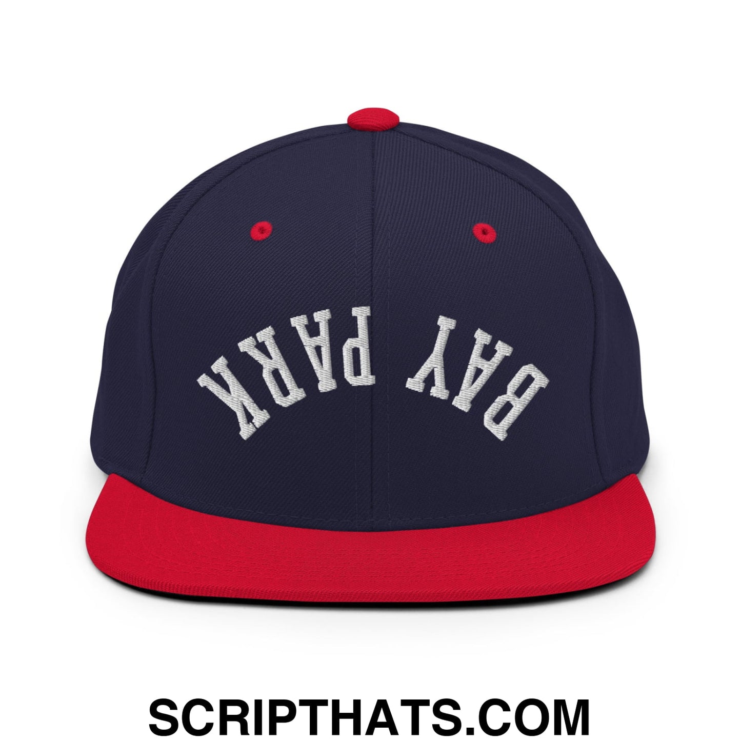 Navy blue and red snapback hat with flat bill brim and white embroidered bay park lettering