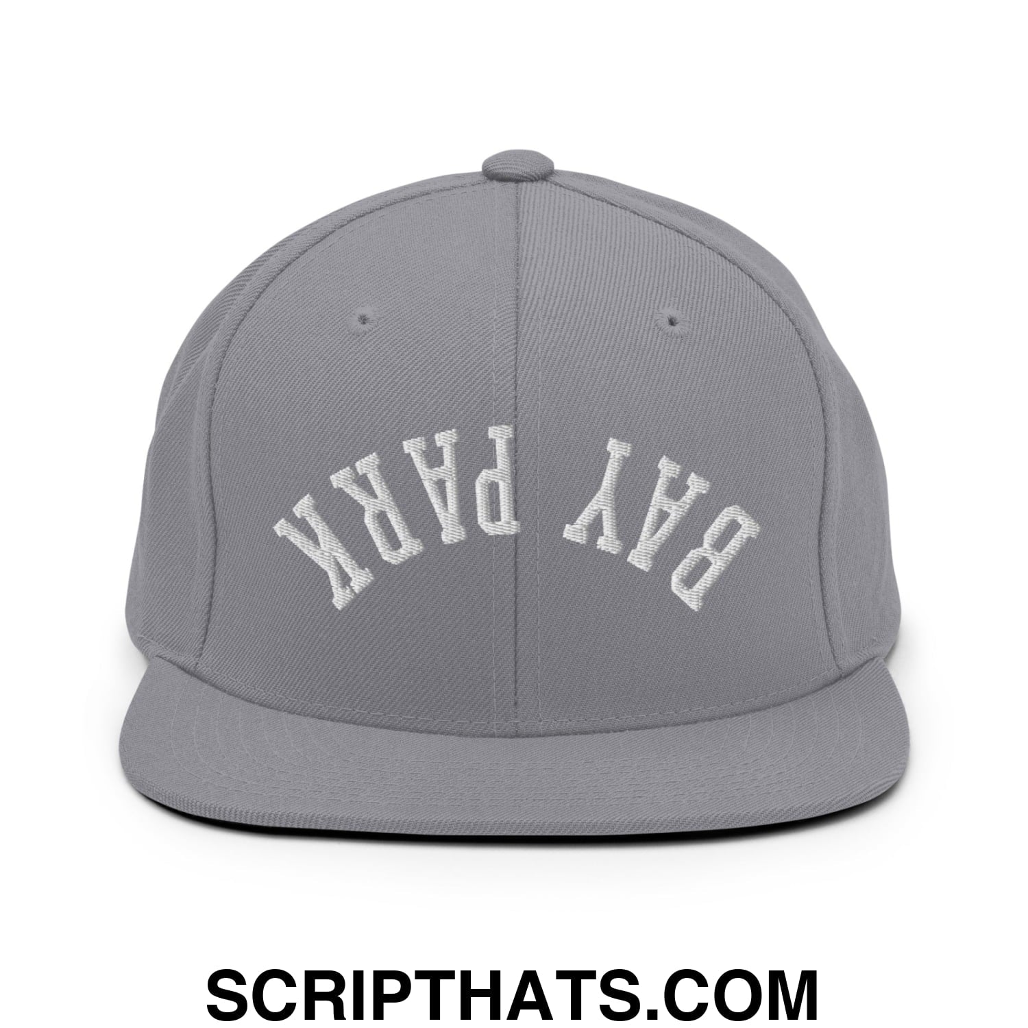 Gray snapback hat with white embroidered bay park lettering and flat bill brim in upside down style