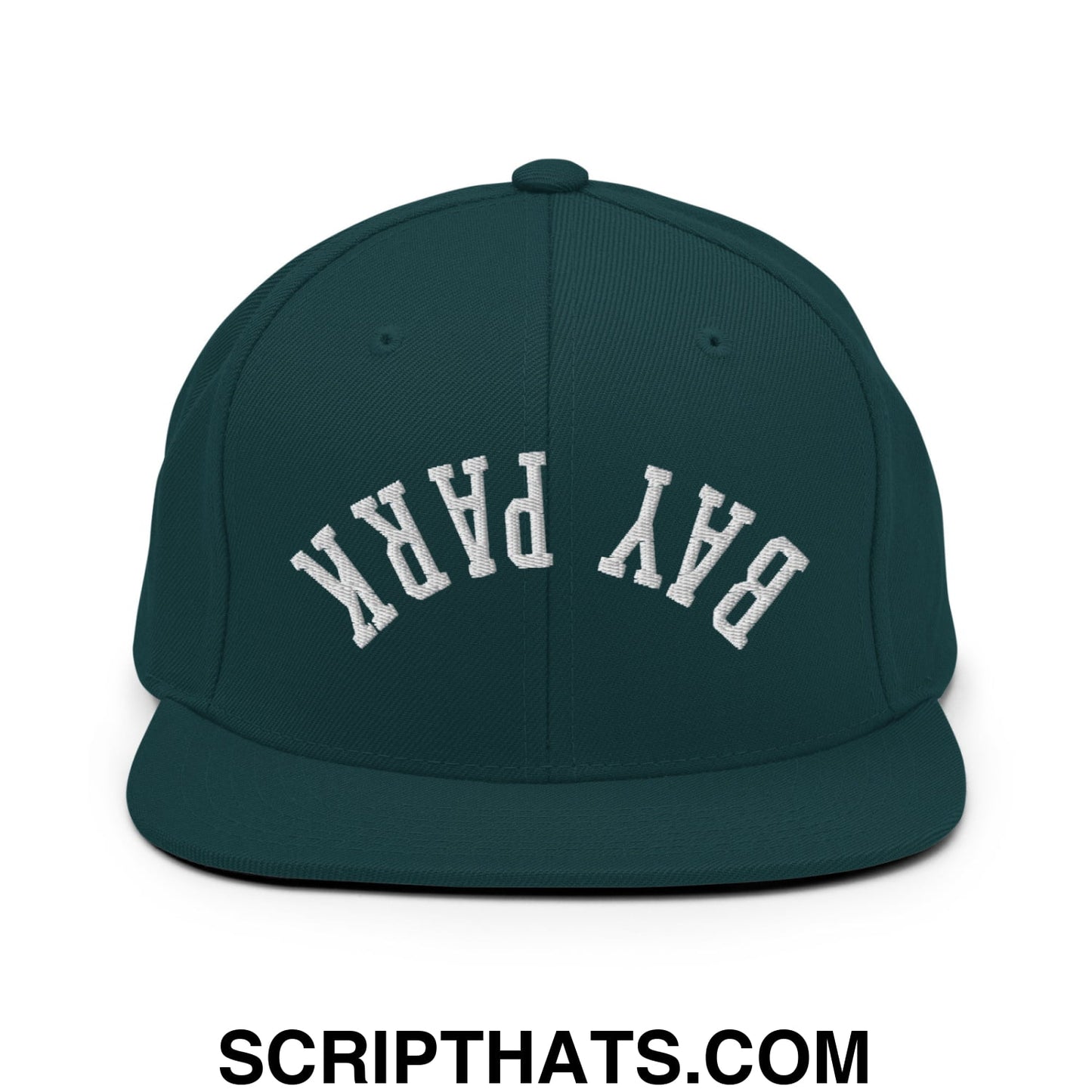 Dark green snapback cap with white embroidered bay park lettering in an arched design and flat bill brim