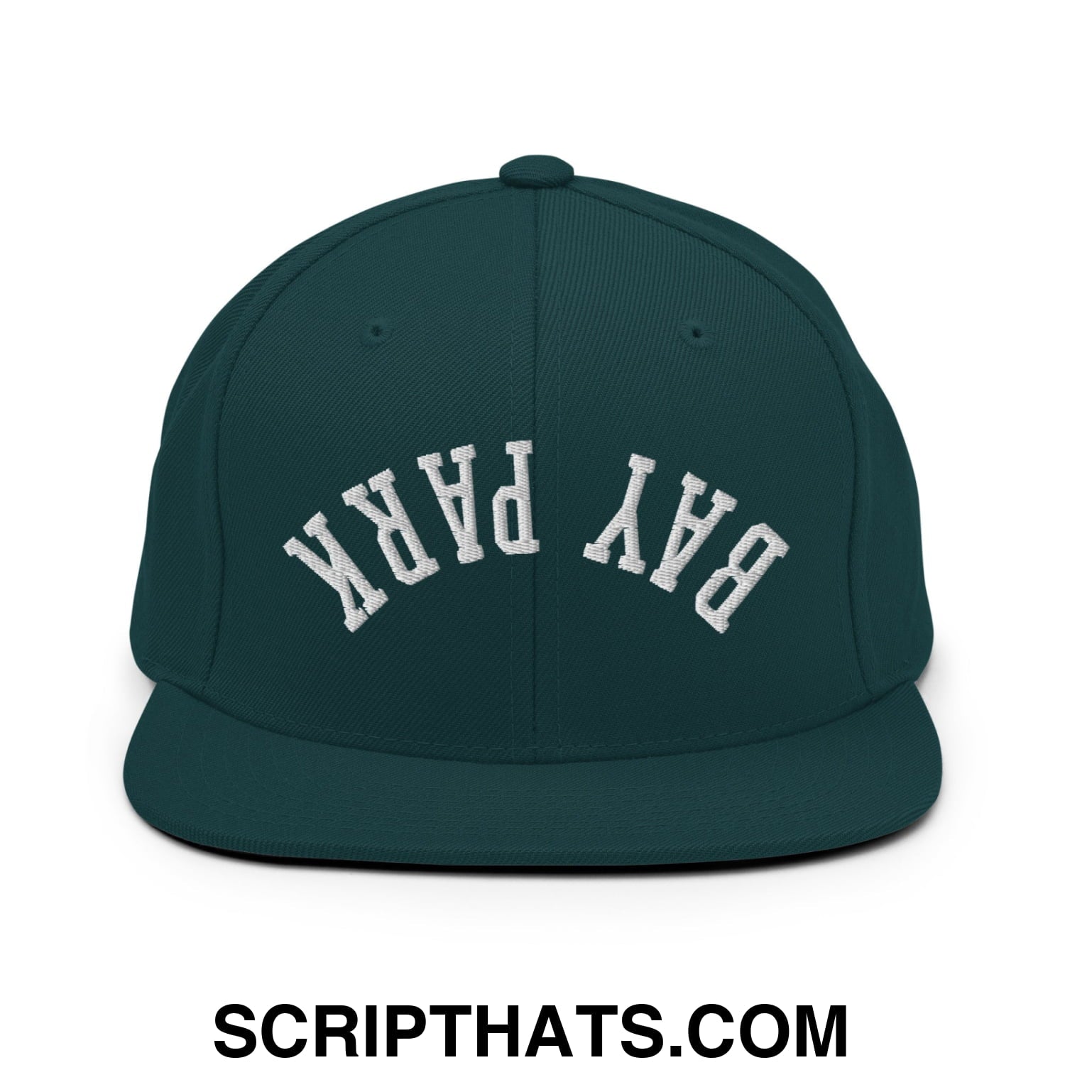 Dark green snapback cap with white embroidered bay park lettering in an arched design and flat bill brim