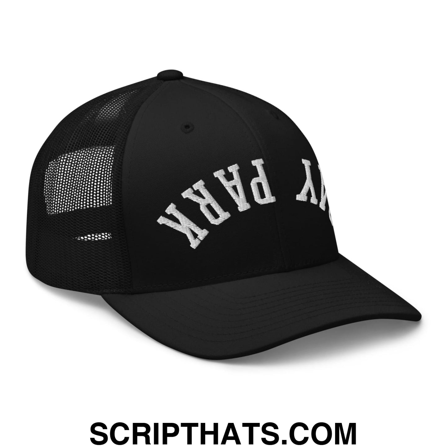 Black mesh trucker hat featuring white embroidered ny park lettering front branded upside down bay park design
