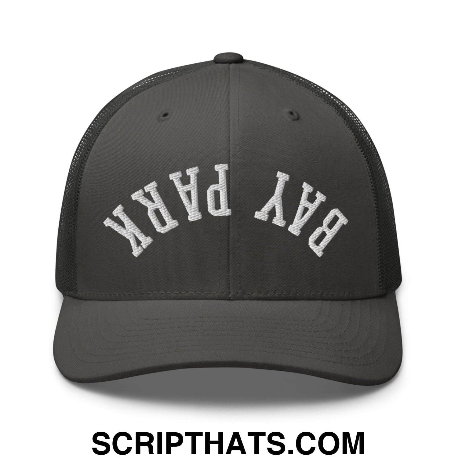 Dark gray mesh trucker hat with white embroidered bay park lettering across the front for casual wear