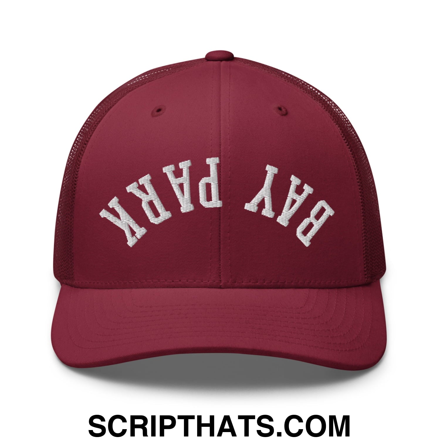 Maroon mesh trucker hat with white embroidered bay park arch on front upside down design