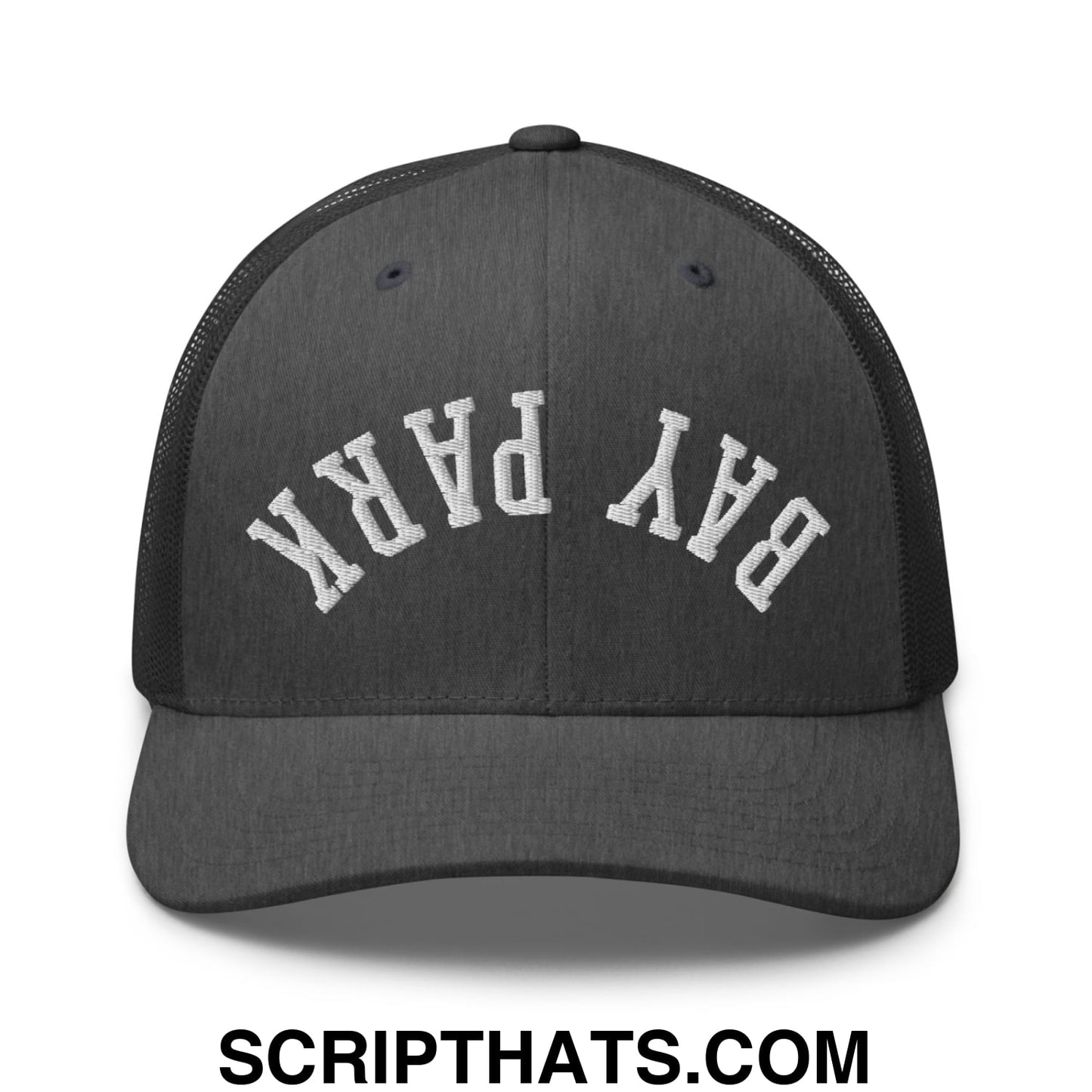 Black mesh trucker hat with white embroidered bay park lettering on front upside down design
