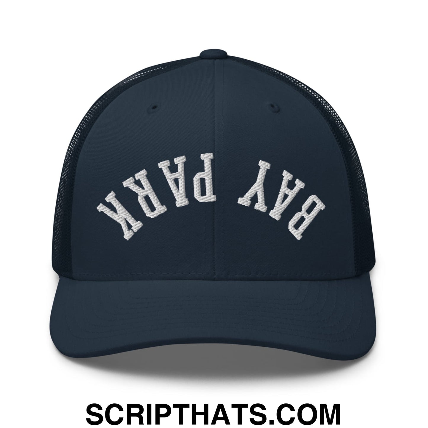 Navy blue mesh trucker hat with white arched bay park embroidery front in upside down bay park design
