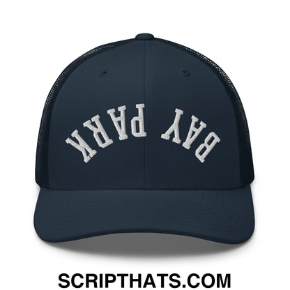 Navy blue mesh trucker hat with white arched bay park embroidery front in upside down bay park design