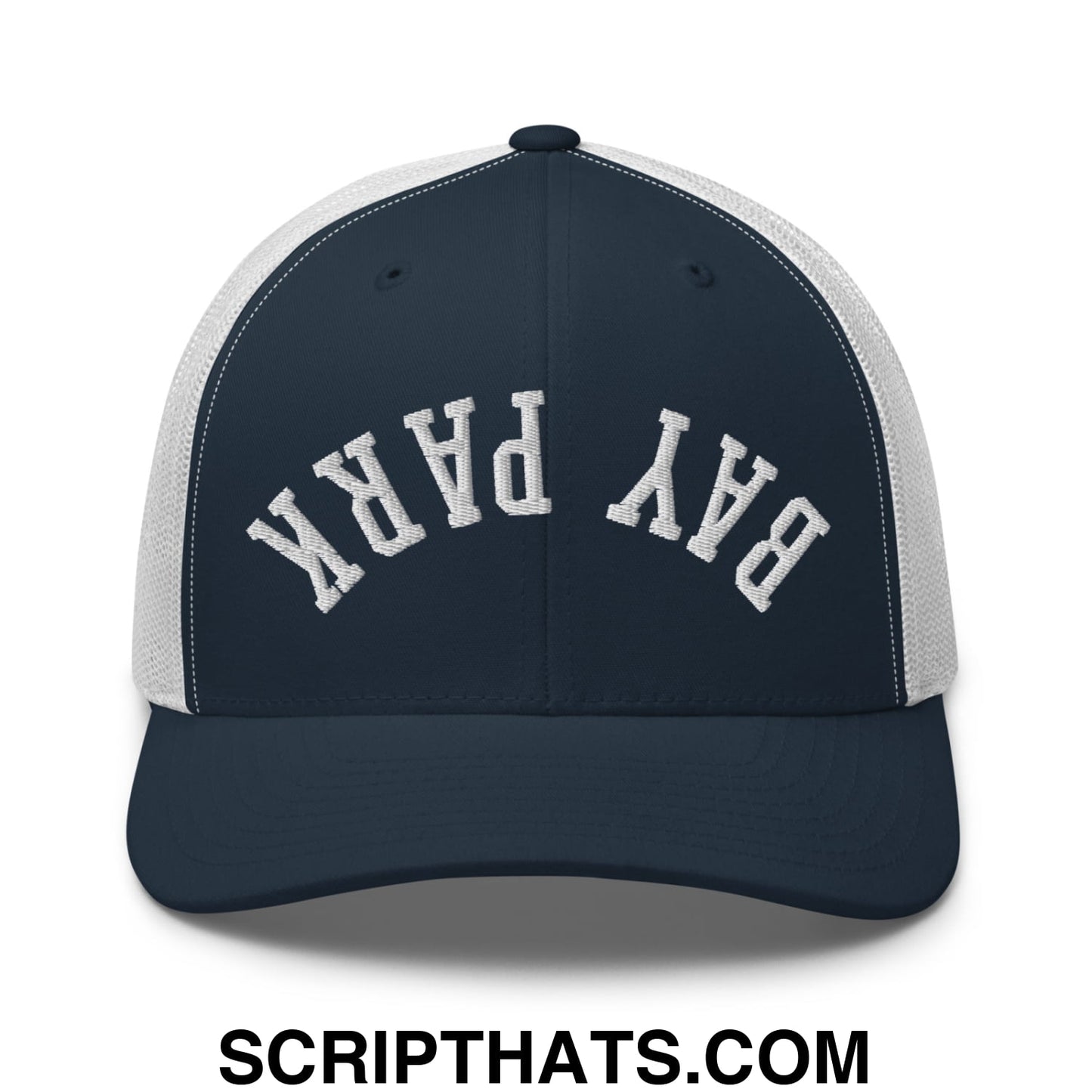 Navy blue and white mesh trucker hat with bay park embroidered in bold arched lettering on the front