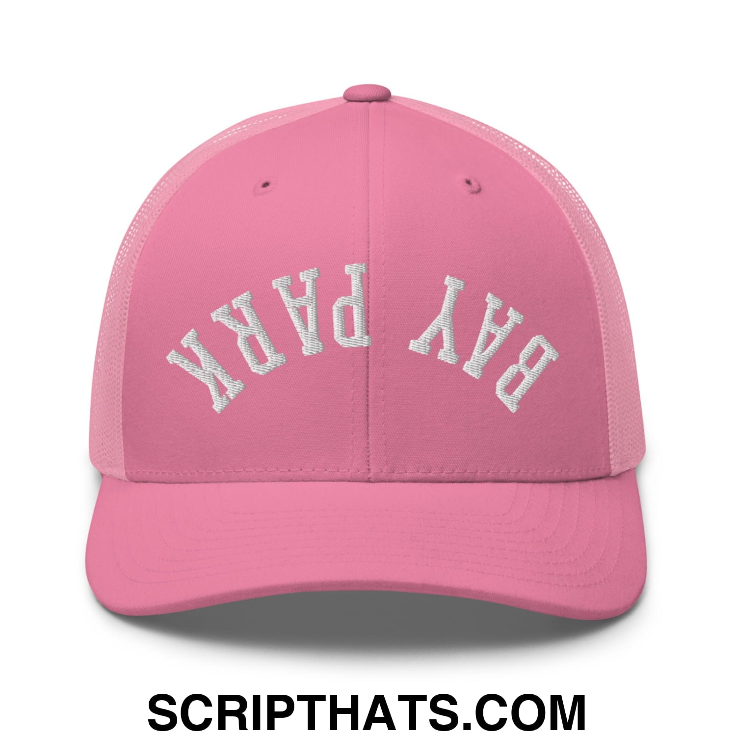 Pink mesh trucker hat with white embroidered bay park lettering featuring upside down design