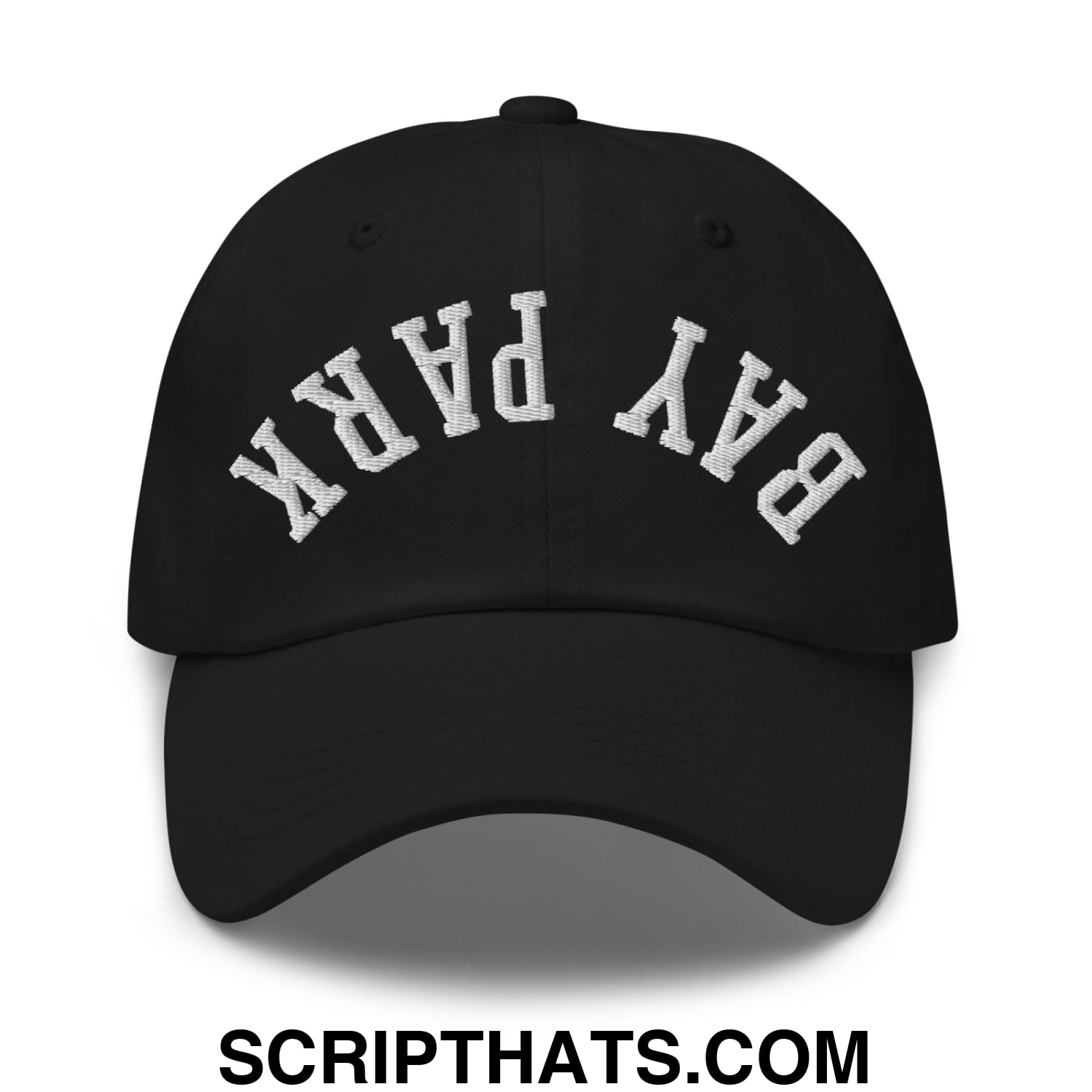 Black upside down bay park embroidered unstructured dad hat with white arched lettering and cotton fabric