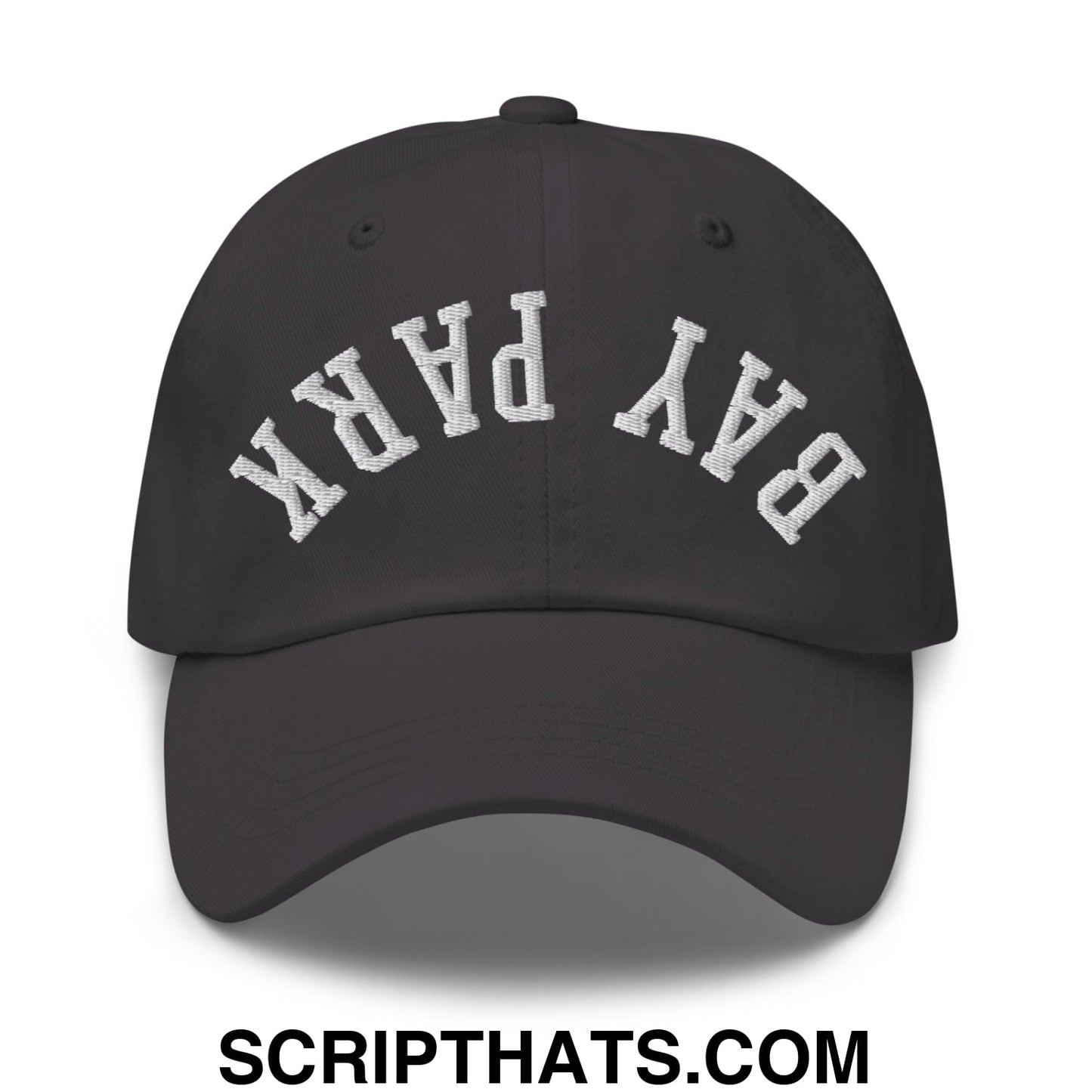Black unstructured dad hat with white embroidered bay park lettering in an arched design on the front panel