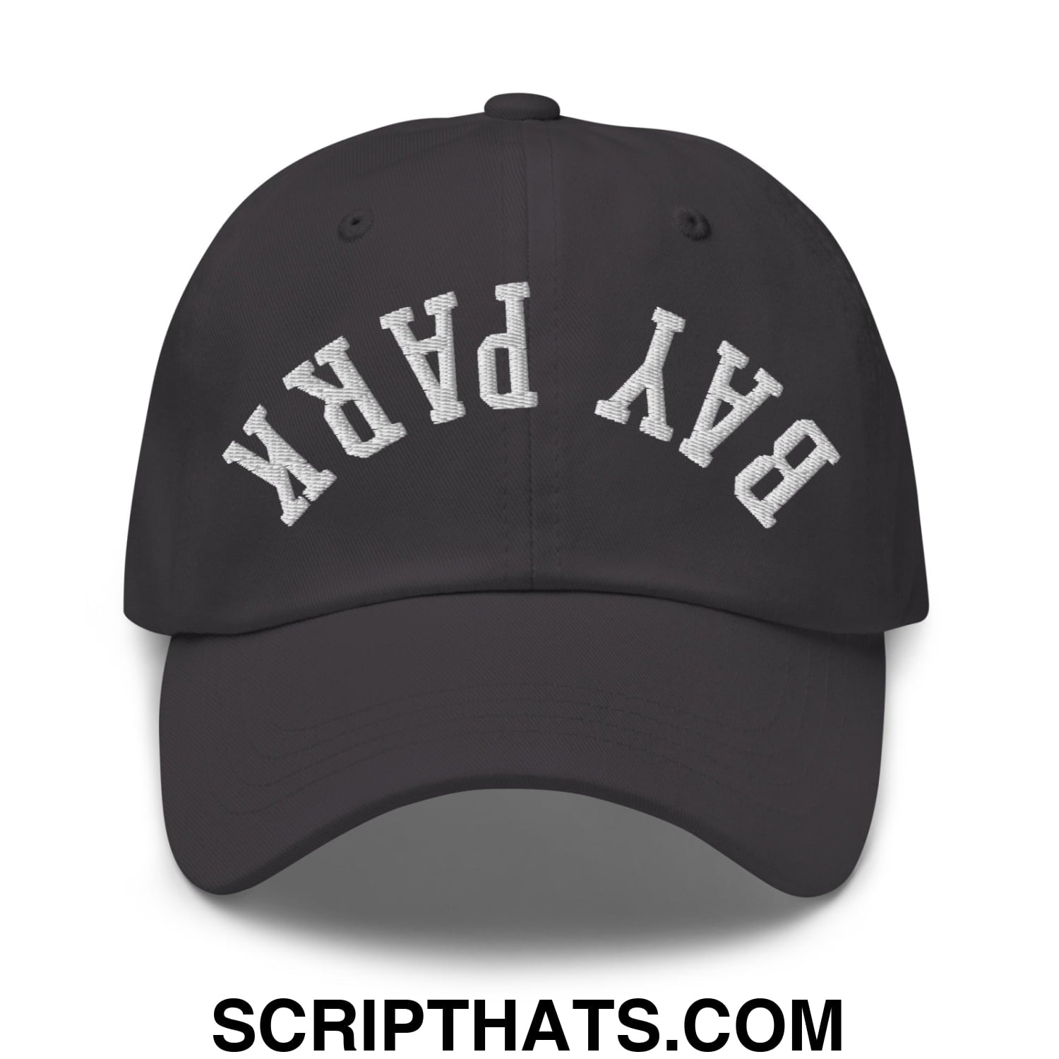 Black unstructured dad hat with white embroidered bay park lettering in an arched design on the front panel