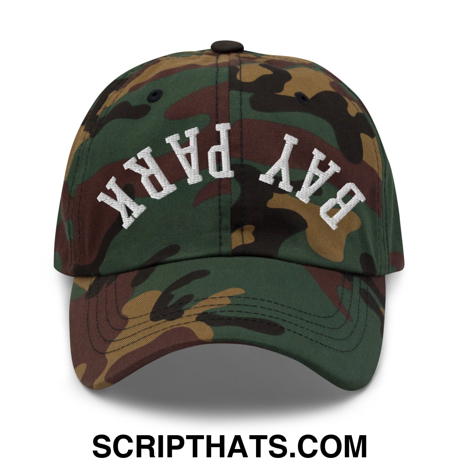 A camouflage unstructured dad hat with bay park embroidered in white arched lettering on the front