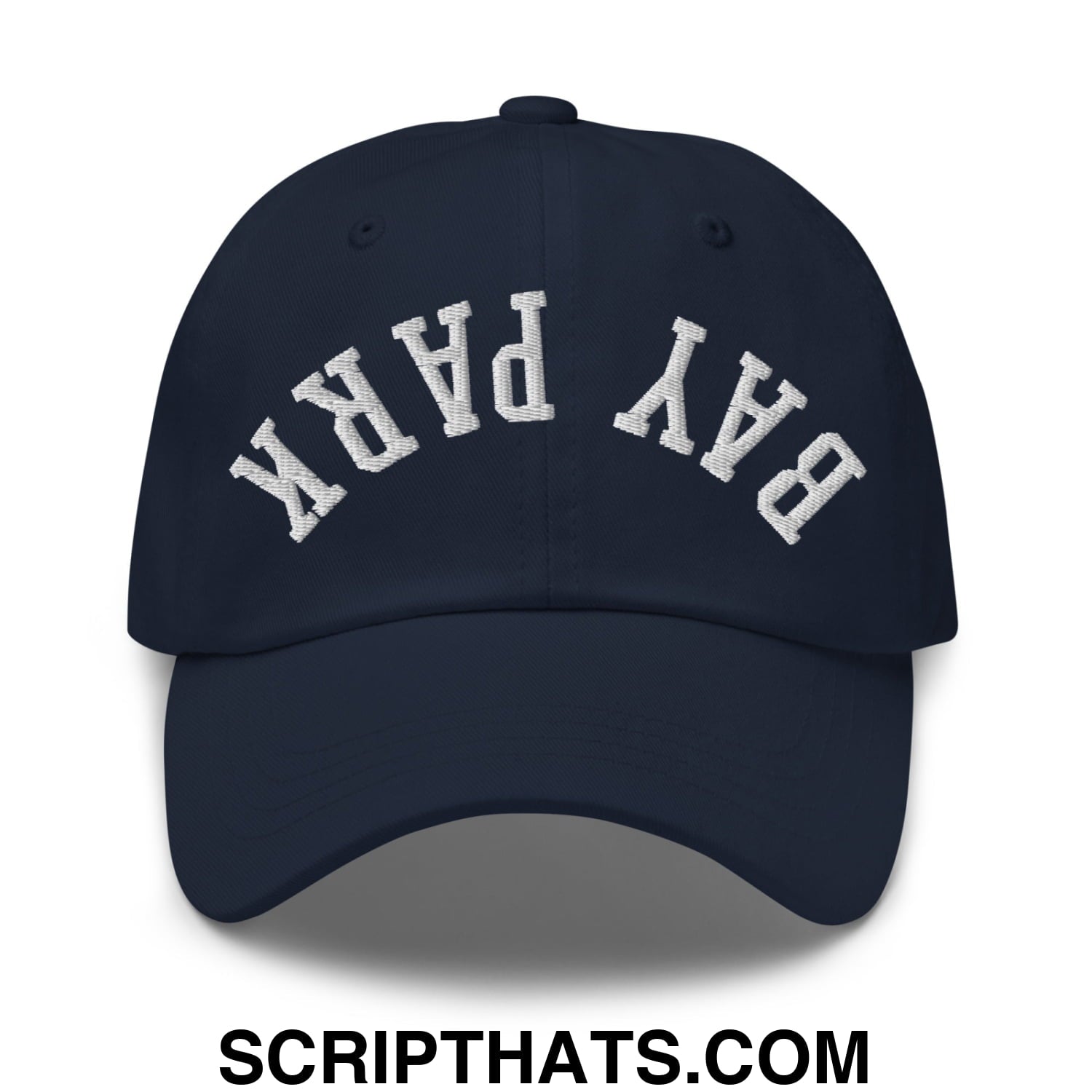 Navy blue unstructured dad hat with white embroidered bay park lettering in an arched design