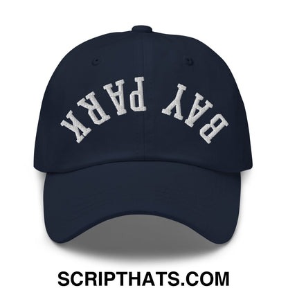 Navy blue unstructured dad hat with white embroidered bay park lettering in an arched design
