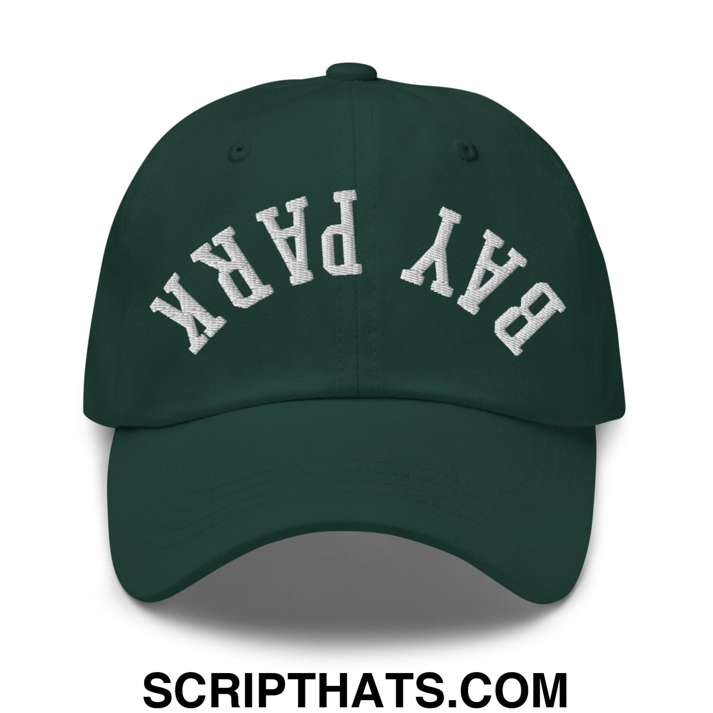 Dark green unstructured dad hat with white embroidered bay park lettering in an arched design