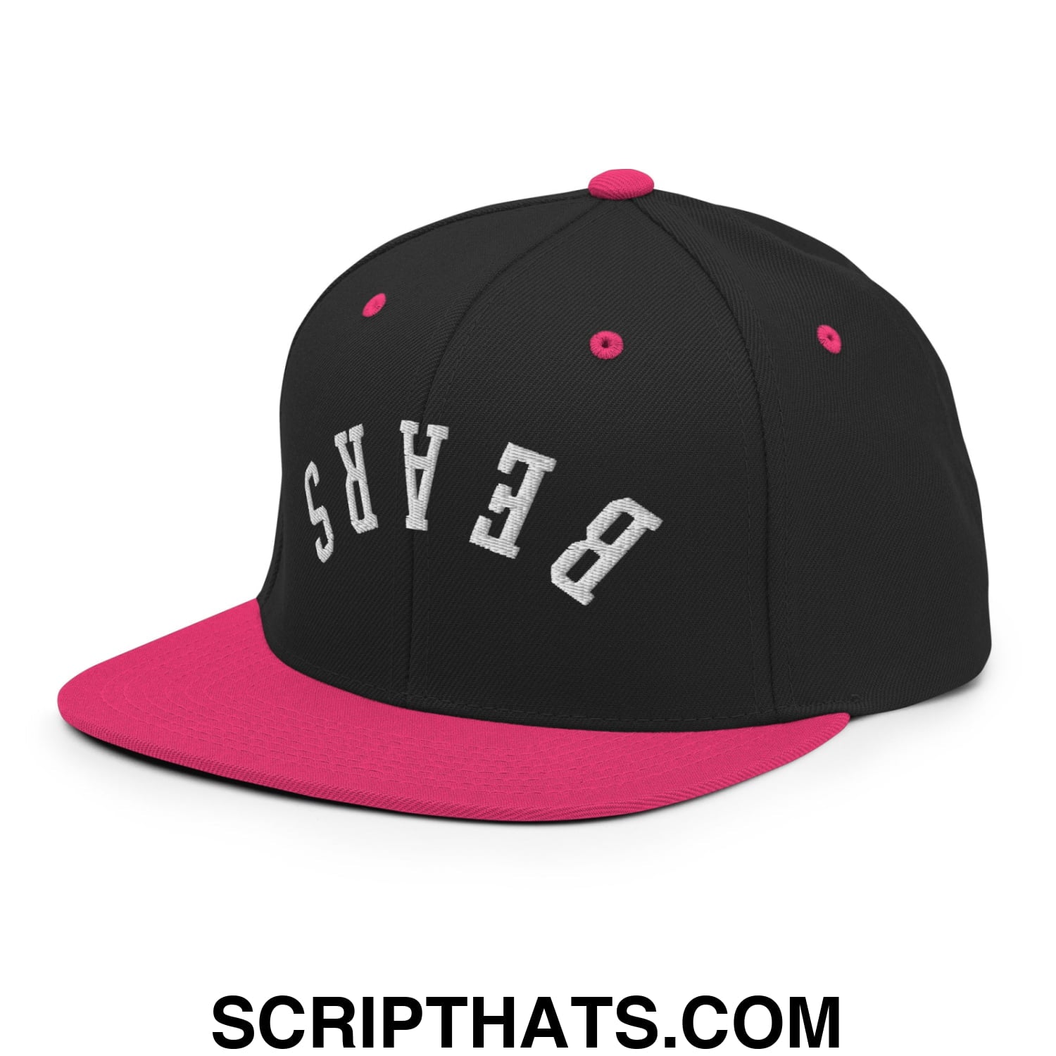 Black and pink snapback hat with white embroidered bears lettering and flat bill brim for casual wear