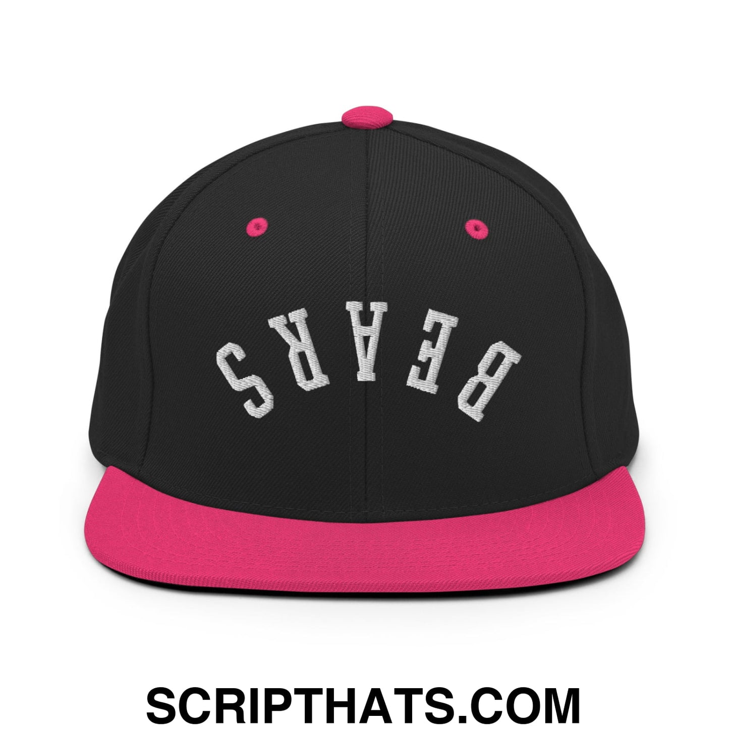 Black snapback cap with pink flat bill brim and button featuring white embroidered bears lettering in arched design