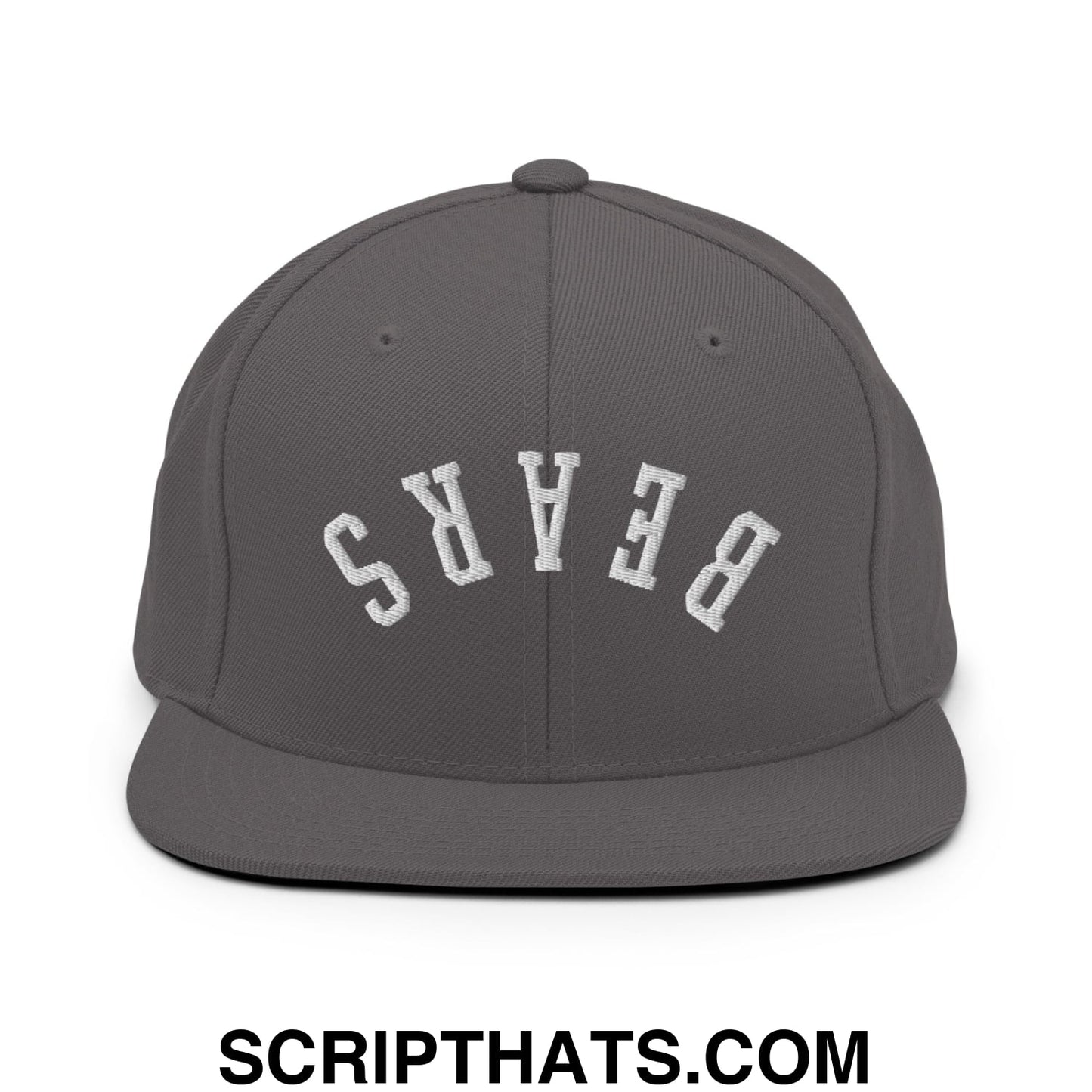 Gray snapback hat with white embroidered bears lettering in an arched design and flat bill brim