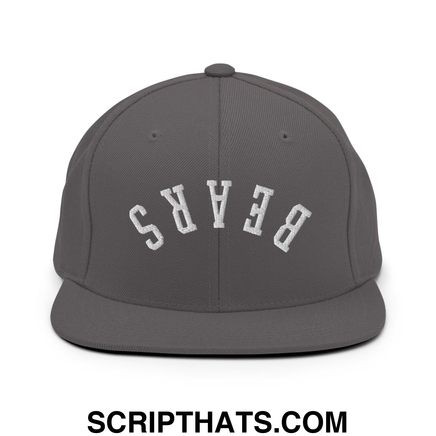 Gray snapback hat with white embroidered bears lettering in an arched design and flat bill brim