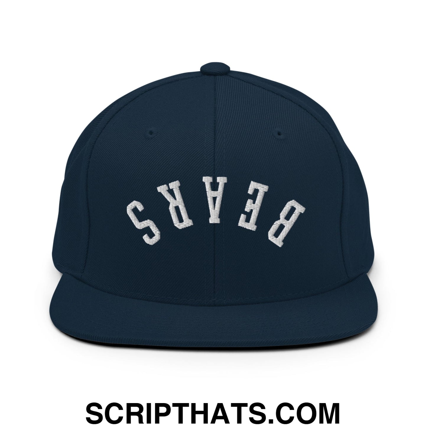 Navy blue snapback hat with white arched bears embroidery and a flat bill brim designed for casual wear