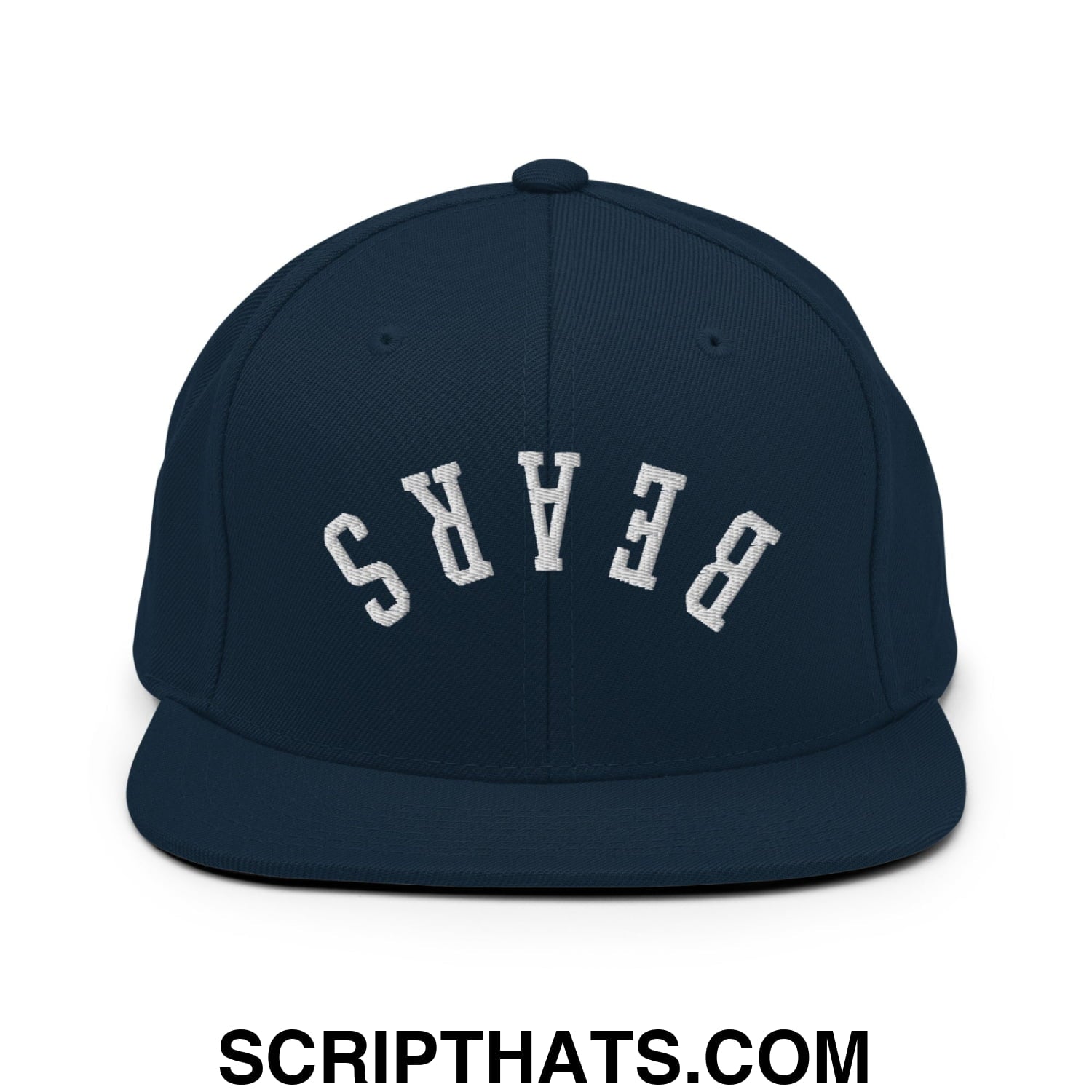 Navy blue snapback hat with white arched bears embroidery and a flat bill brim designed for casual wear