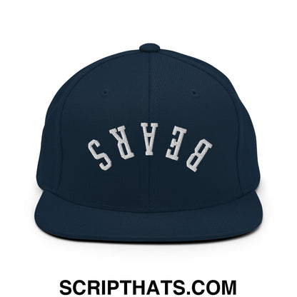 Navy blue snapback hat with white arched bears embroidery and a flat bill brim designed for casual wear