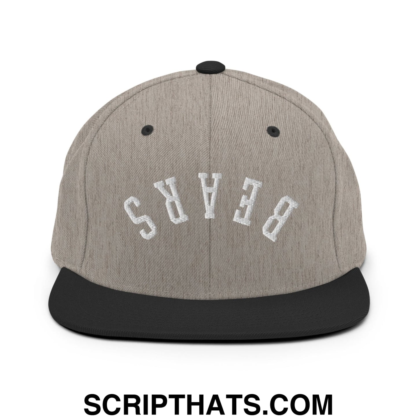 Gray and black snapback hat with white embroidered bears lettering and flat bill brim in an upside down design