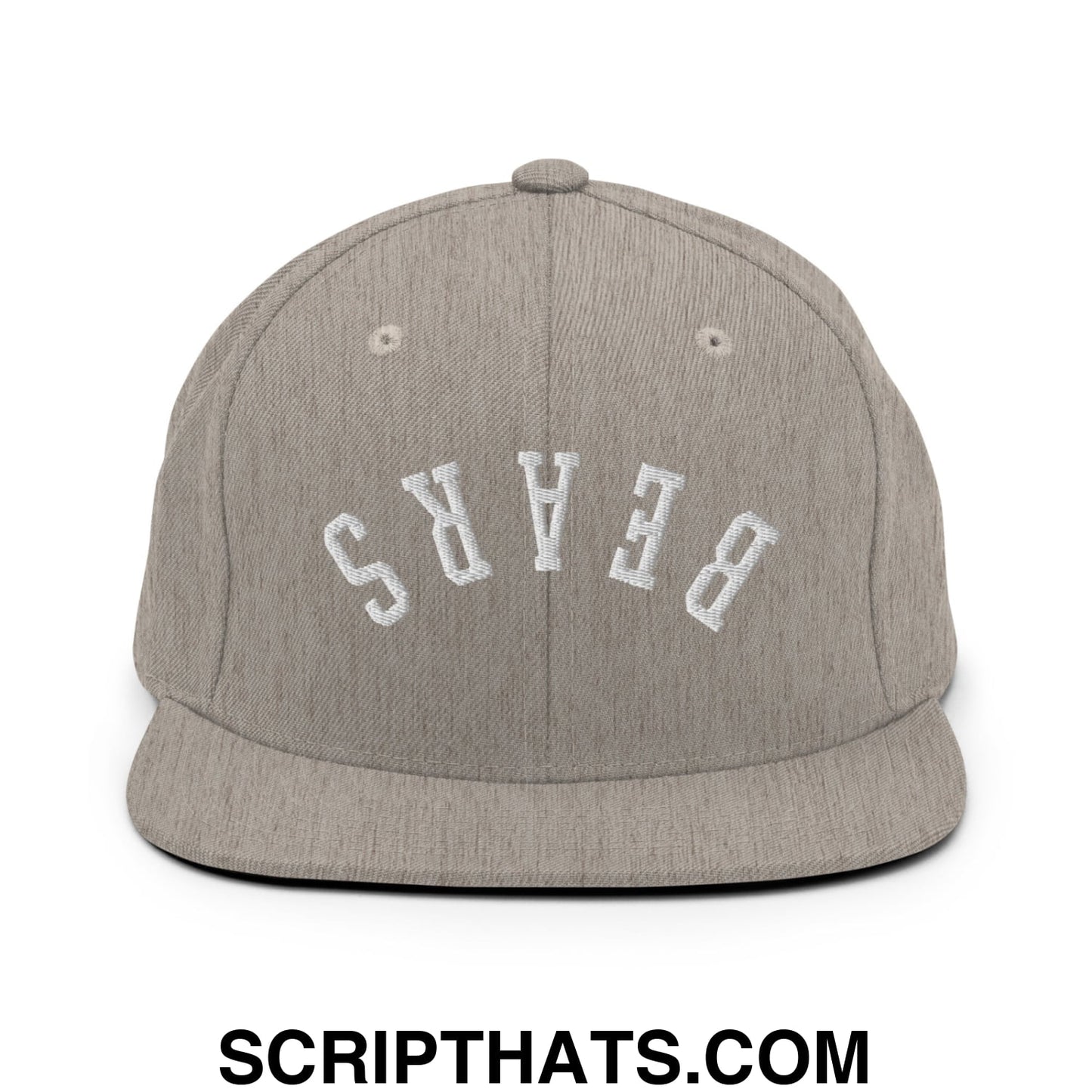 Gray heather snapback hat with white embroidered bears lettering and flat bill brim for casual wear