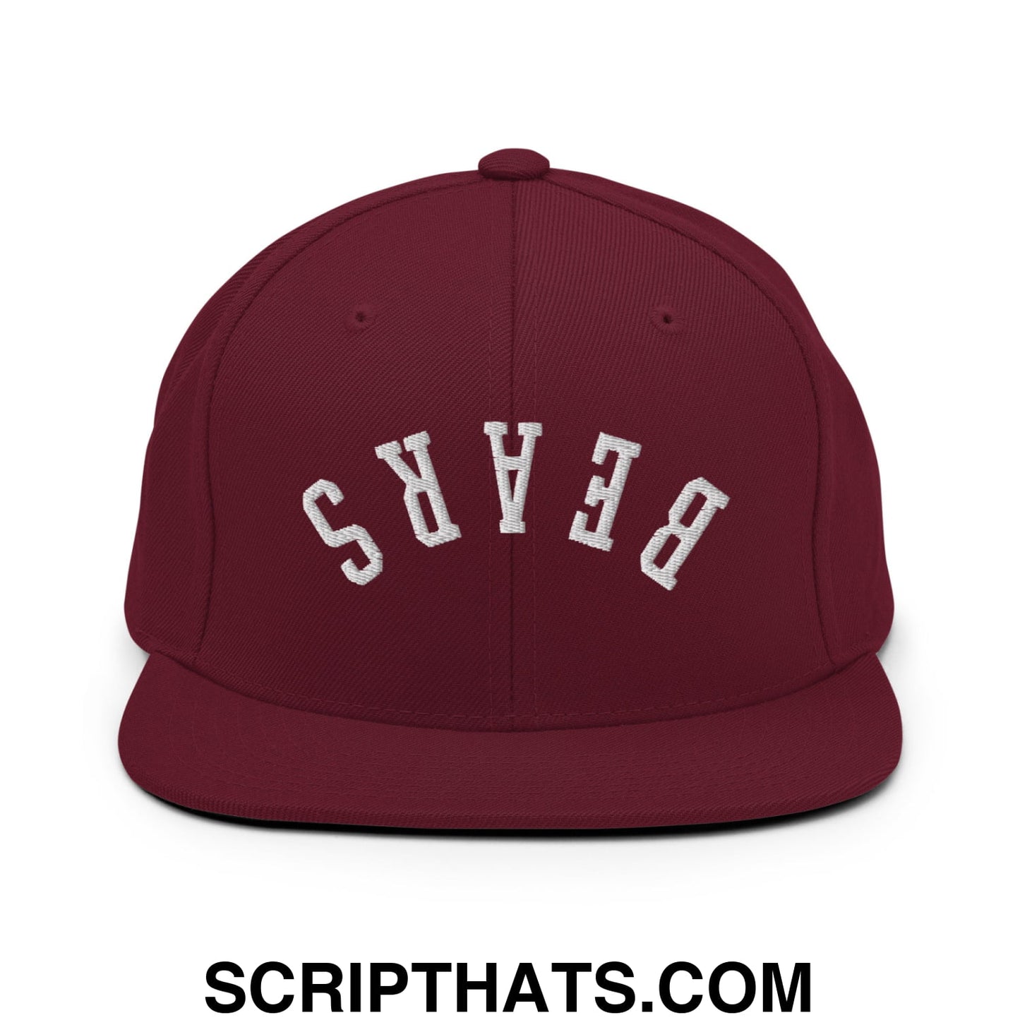 Maroon snapback hat with white embroidered bears lettering in an arched design and flat bill brim