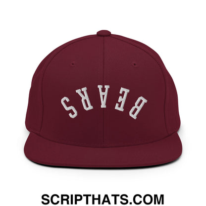 Maroon snapback hat with white embroidered bears lettering in an arched design and flat bill brim