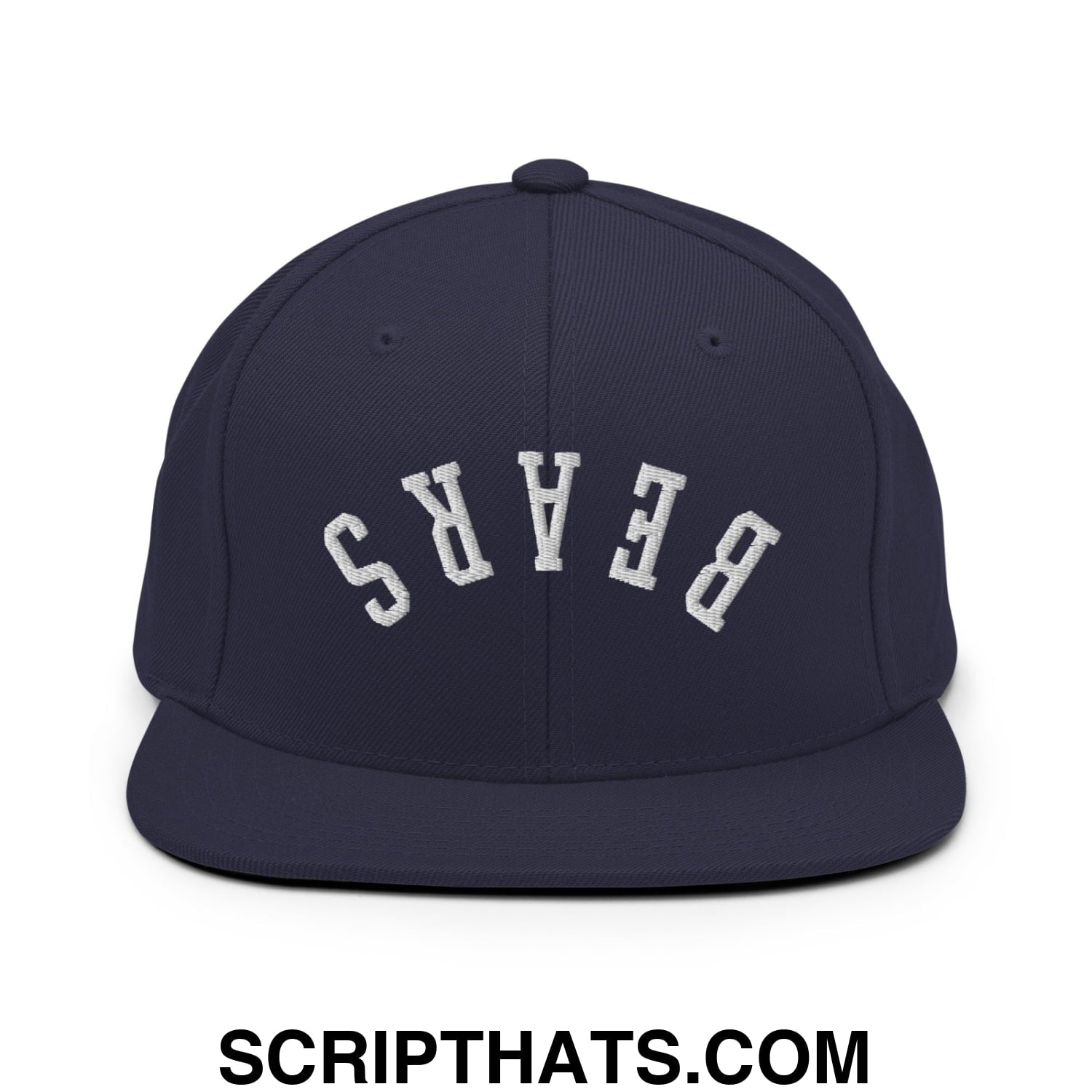 Navy blue snapback hat with white embroidered bears lettering in arched design and flat bill brim