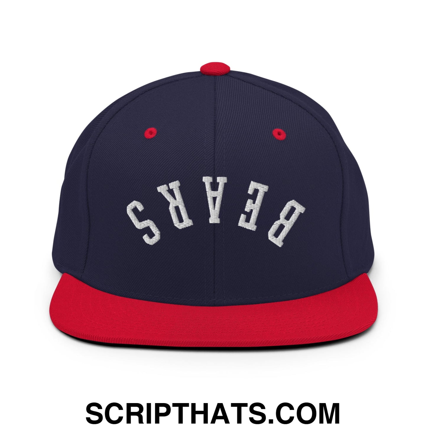 Navy blue and red snapback hat with white embroidered bears lettering and flat bill brim for casual wear