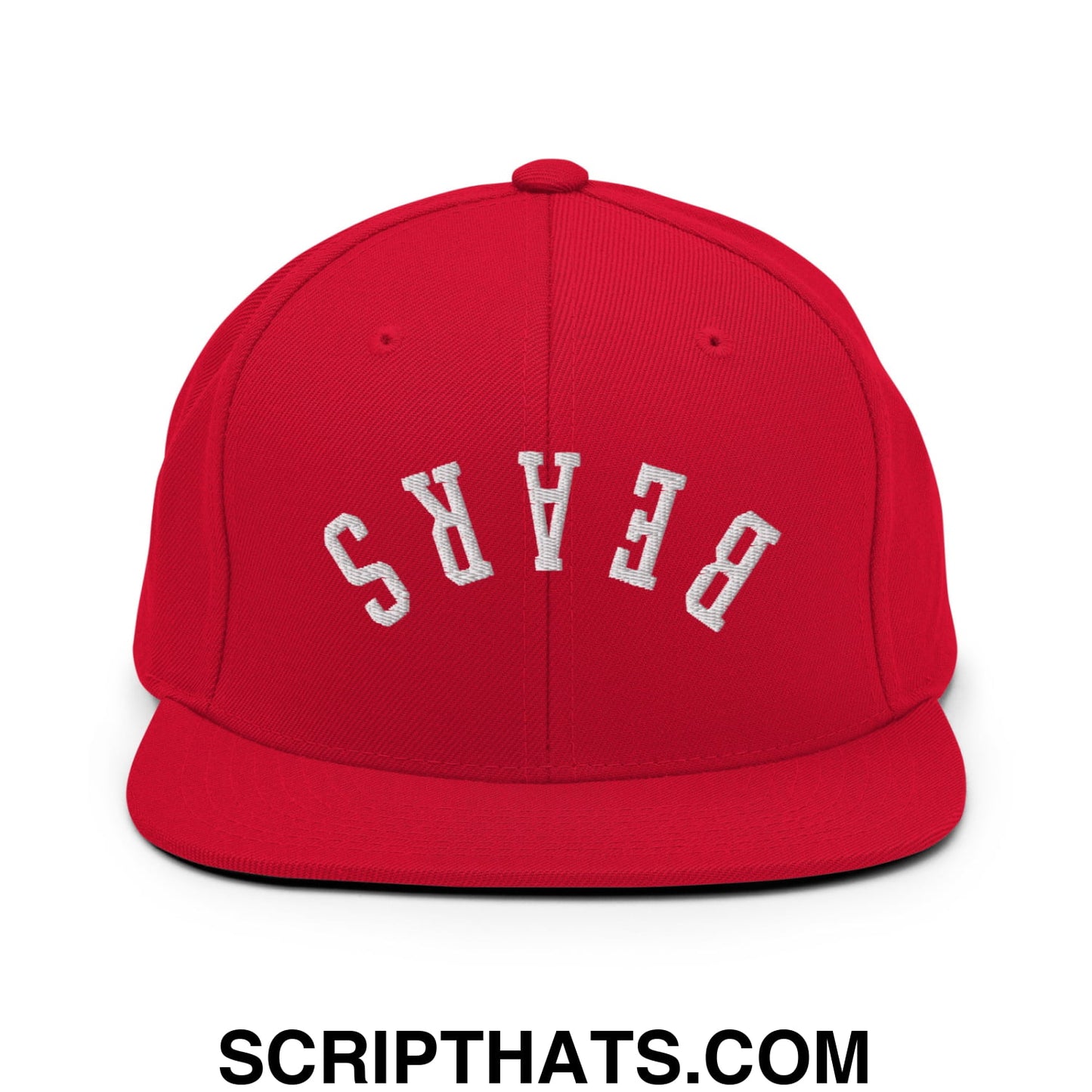 Red snapback cap with white embroidered bears lettering in arched design and flat bill brim