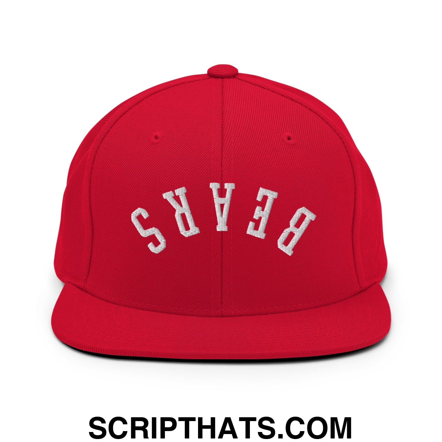 Red snapback cap with white embroidered bears lettering in arched design and flat bill brim