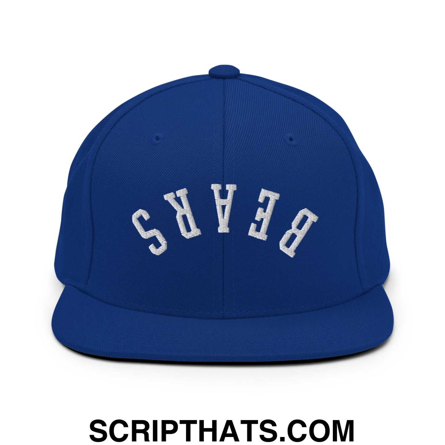 Royal blue snapback hat with white arched bears embroidery and flat bill brim for casual wear