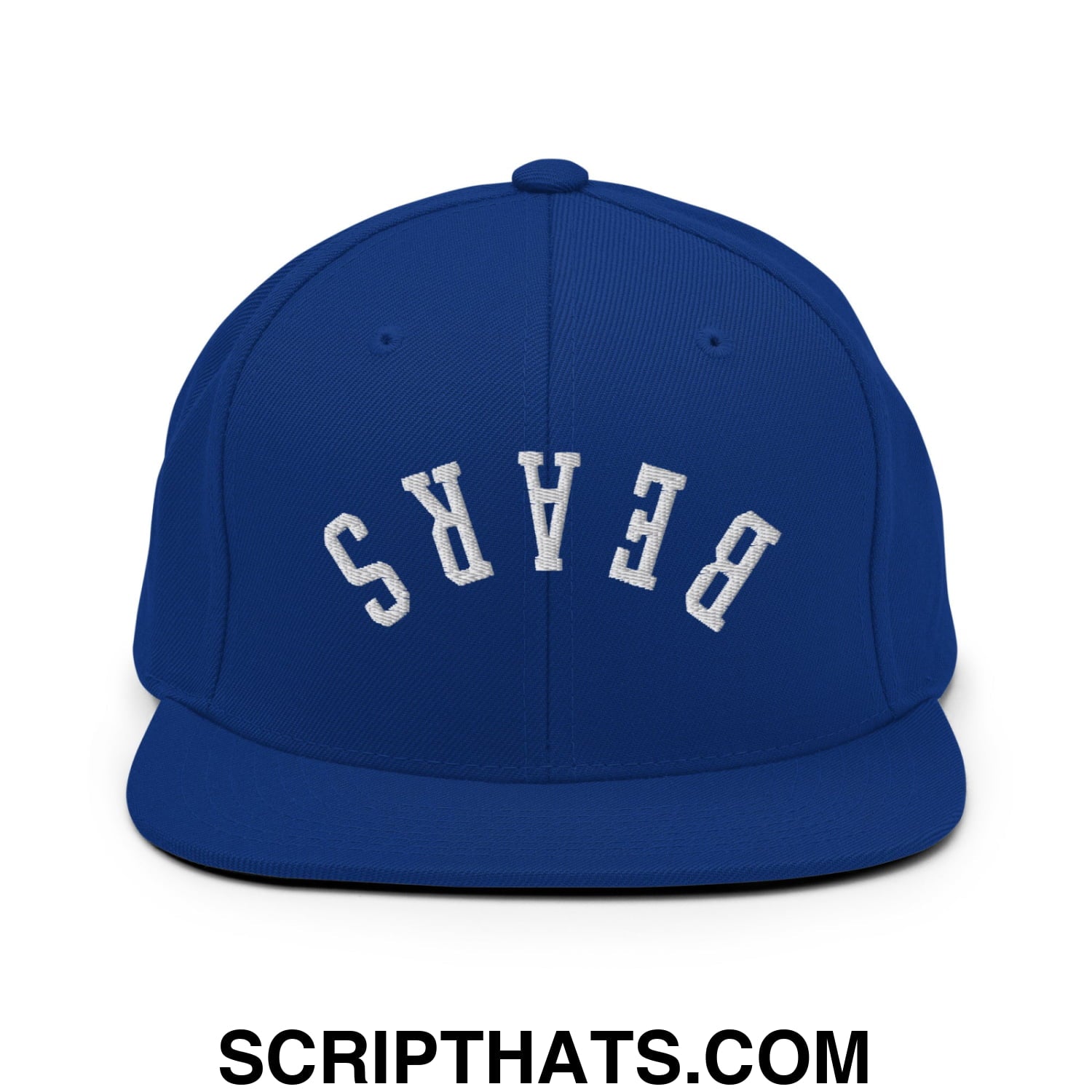 Royal blue snapback hat with white arched bears embroidery and flat bill brim for casual wear