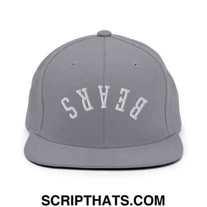 Gray snapback hat with white embroidered bears lettering on a flat bill brim for casual wear