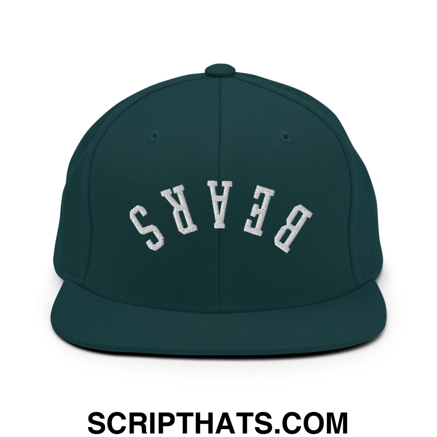 Dark green snapback hat with white embroidered bears lettering and flat bill brim for casual wear