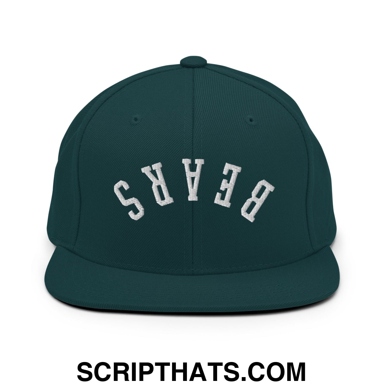 Dark green snapback hat with white embroidered bears lettering and flat bill brim for casual wear