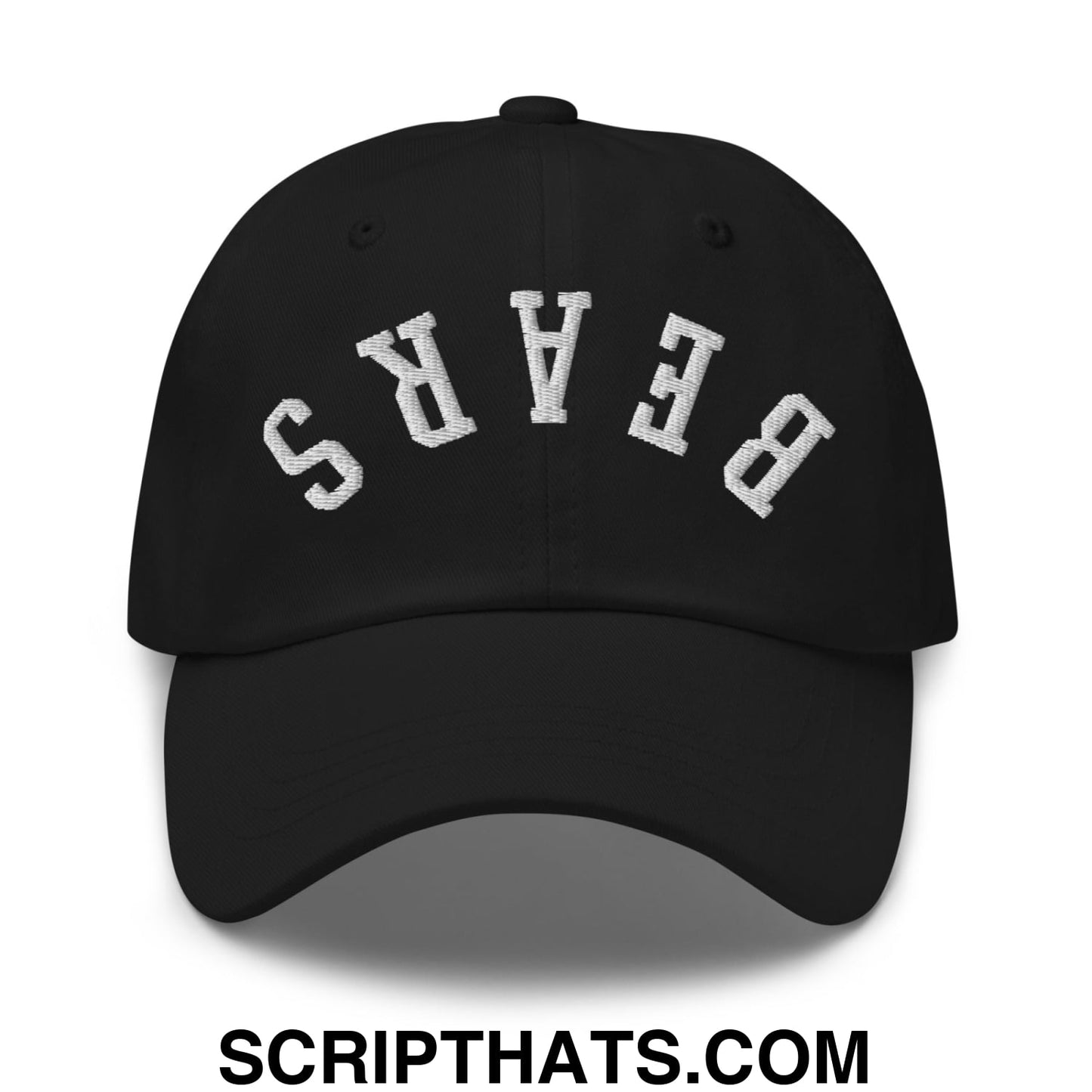 Black unstructured dad hat featuring white embroidered bears lettering in an arched design on the front