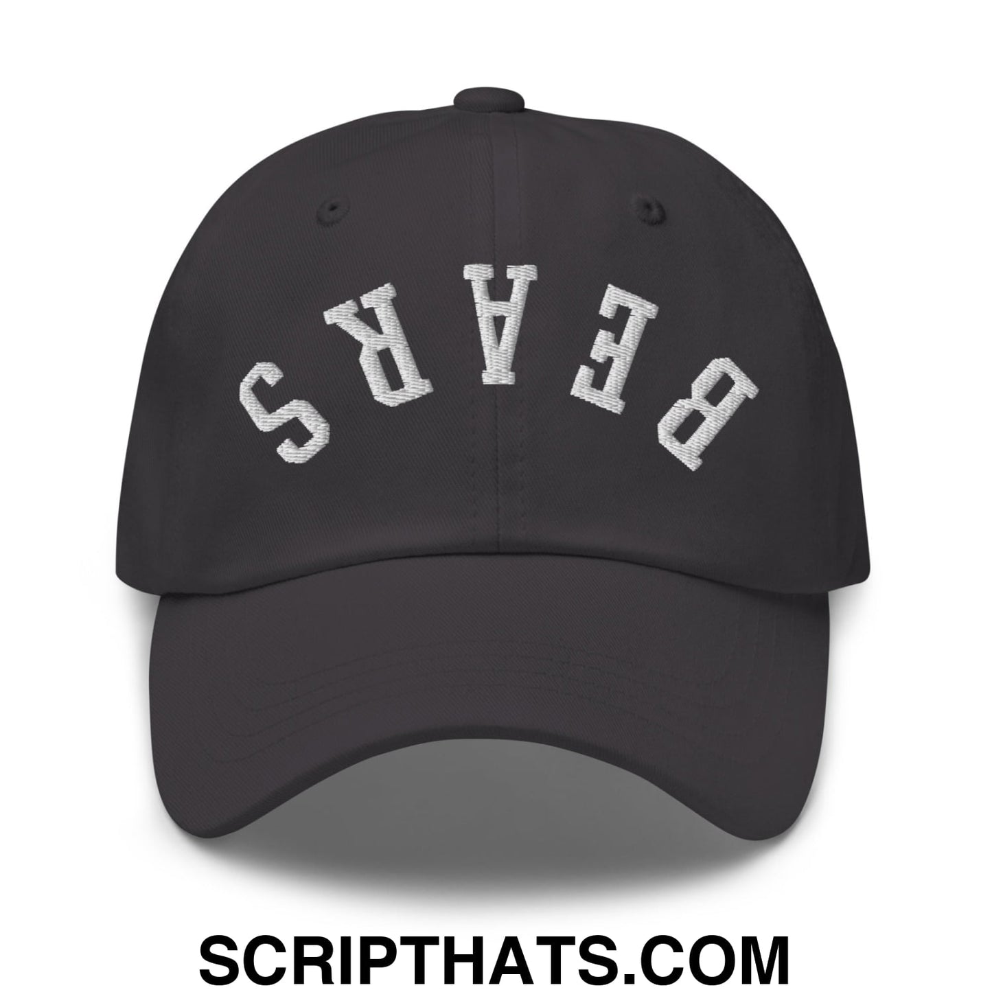 Black unstructured dad hat with white embroidered bears lettering in an arched design called upside down bears